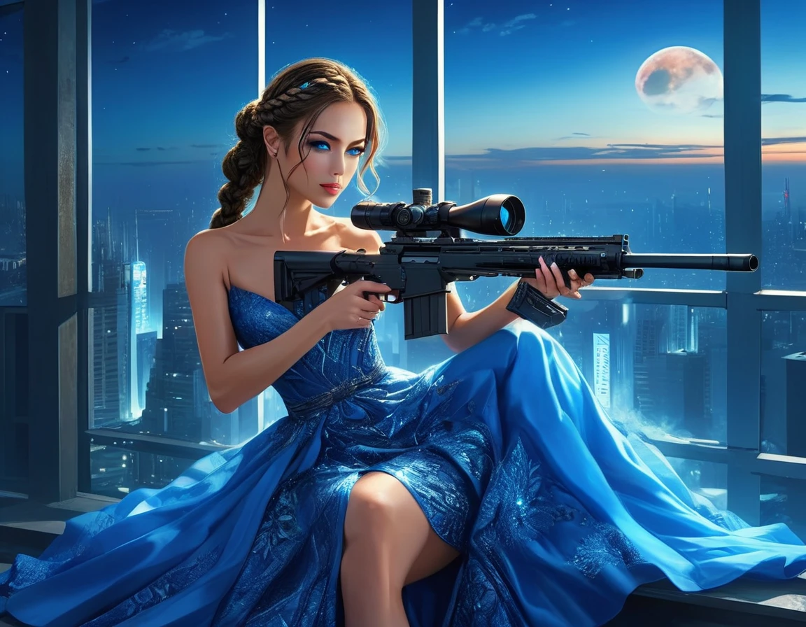 a portrait picture of a 1single woman sniper, standing in a window aiming a sniper rifle, an exotic beautiful woman sniper, dynamic hair, braided hair, full body shop, intense blue eyes, ultra detailed face, wearing (intricate evening dress: 1.5), elegant dress, dynamic color, dynamic style, wearing elegant stiletto heels , behind a window in a tall building at nigh, aiming a Light Sniper Rifle , cyberpunk city background, its night time, moon rays, some clouds,  (full body shot: 1.1) , vibrant, Ultra-high resolution, High Contrast, (masterpiece:1.5), highest quality, Best aesthetics), best details, best quality, highres, ultra wide angle, 16k, [ultra detailed], masterpiece, best quality, (extremely detailed) Sniper Rifle, evening dress