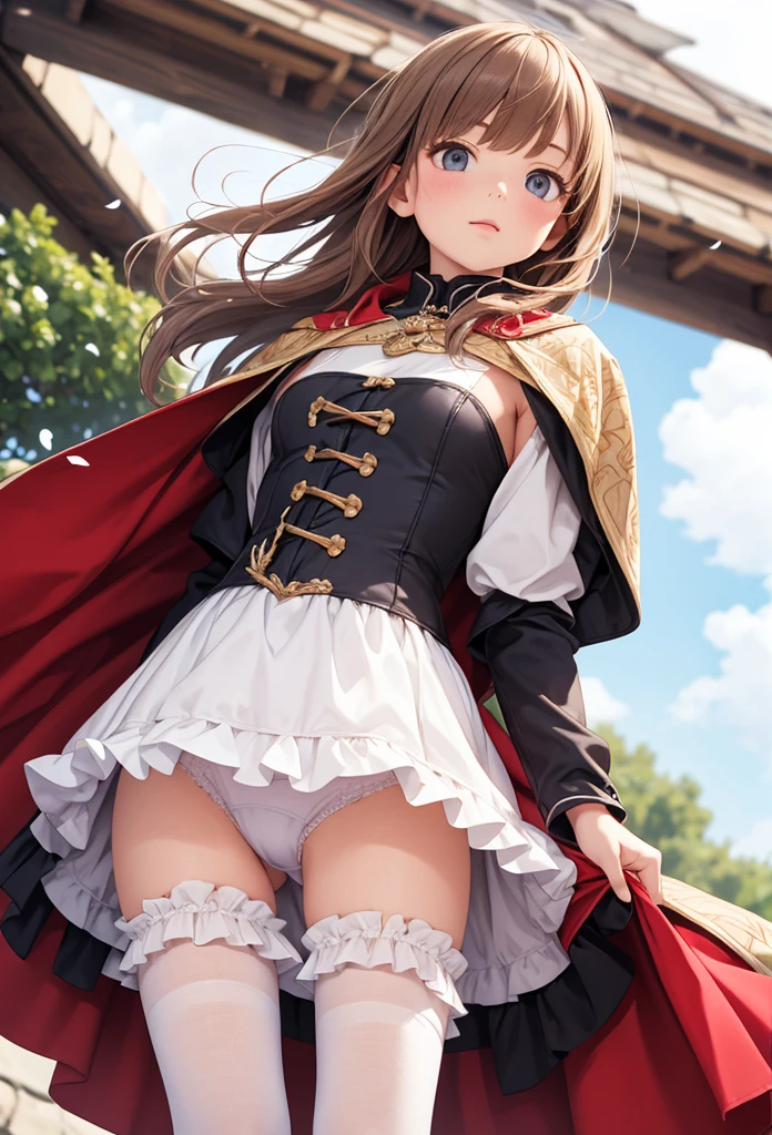  girl underwear, Realistic bloomers made from patterned cotton fabric, Medieval one-piece dress with panniers, Fabric Realism, Low - Angle, I see bloomers, Pull up the dress by hand, Strong winds, Translucent slip, Translucent slip, tights, Highest quality, Crotch close-up, whole body
