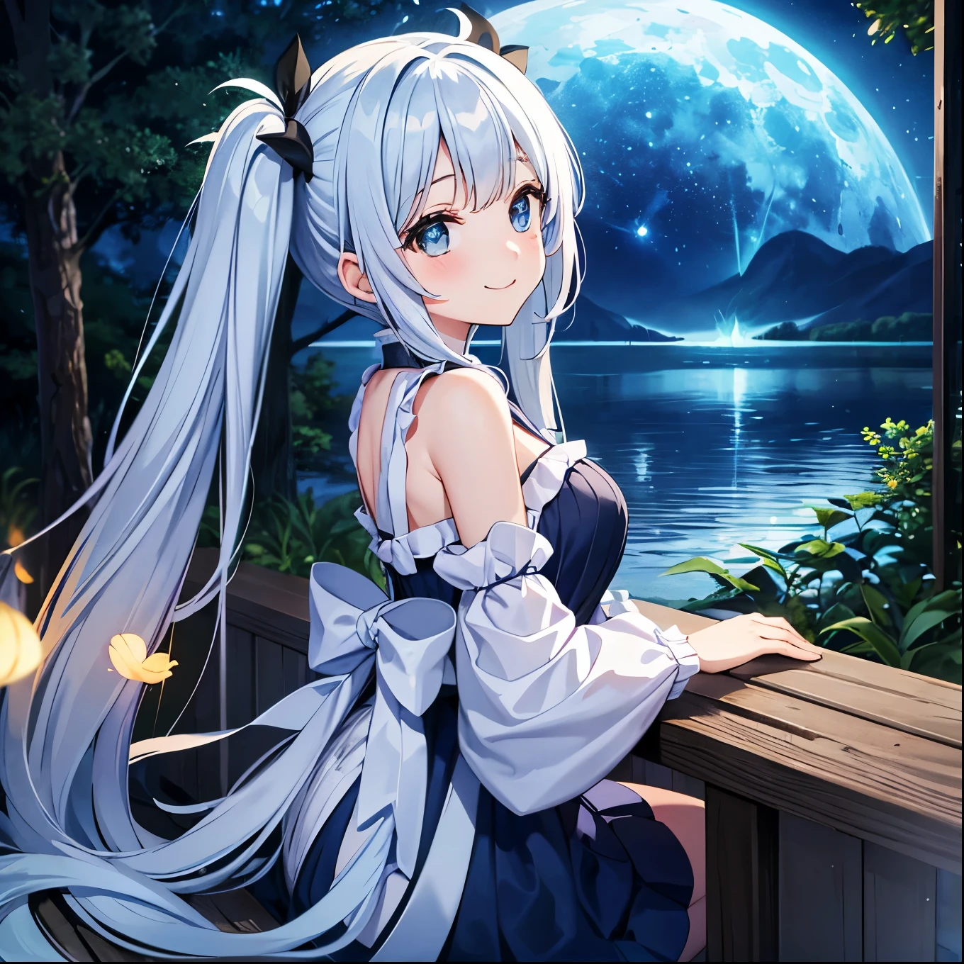 On the shore of the lake in the forest、Moonlit Night、Big Moon、shooting star、Light blue long hair、Beautiful girl with twin tails、Adorable smile、A big pure white owl is watching the girl、Fireflies flutter、Mysterious atmosphere、