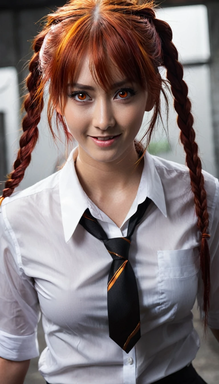 Run away (Chainsaw Man), best quality, extremely detail, 1 girl, alone, Stand, Red hair, long braided hair, gold eyes, bangs, medium breasts, White shirt, necktie, stare, smile, (devilish:1.2), Viewers look at, (Interview:1.3), (dark background), from bottom, sharp contrast , beautiful, detailled eyes, ass focus , close up shot , bright orange eyes,front view