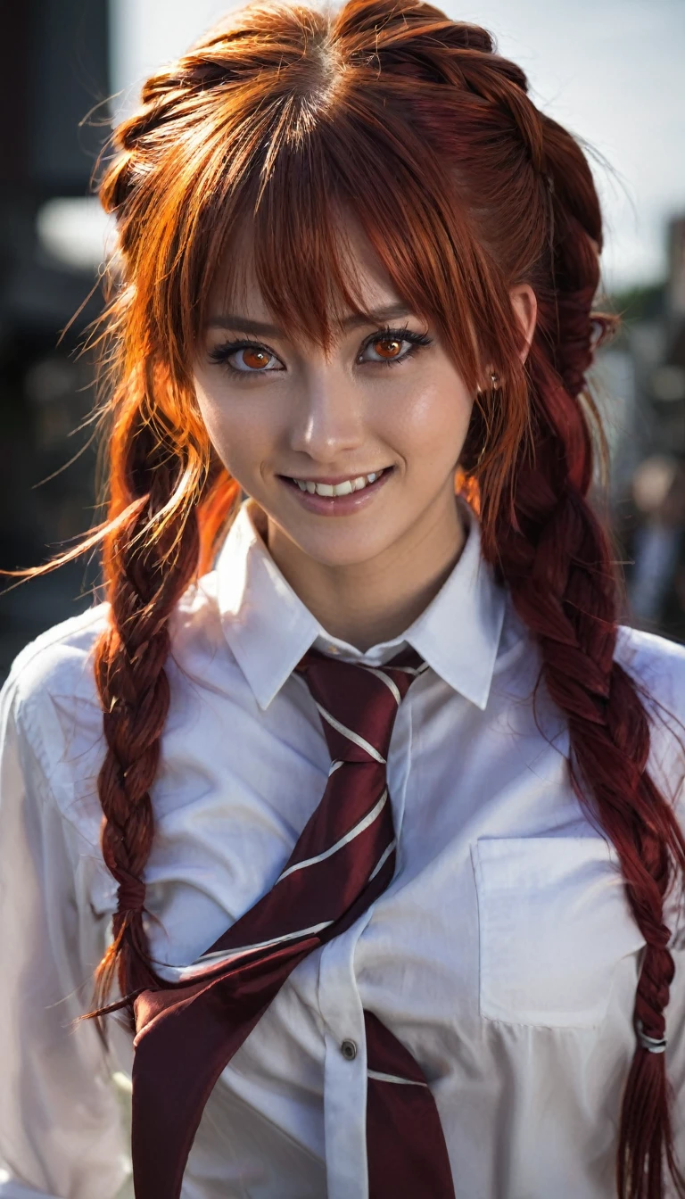 Run away (Chainsaw Man), best quality, extremely detail, 1 girl, alone, Stand, Red hair, long braided hair, gold eyes, bangs, medium breasts, White shirt, necktie, stare, smile, (devilish:1.2), Viewers look at, (Interview:1.3), (dark background), from bottom, sharp contrast , beautiful, detailled eyes, ass focus , close up shot , bright orange eyes,front view