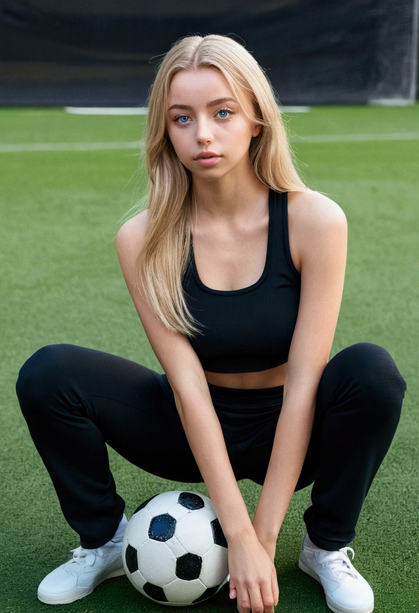 WOman with black tank top and matching pants, sexy girl with blue eyes, sophie mudd portrait, Corinna Kopf portrait, blonde hair and big eyes, ohne Makeup, natural makeup, Face with Artgram, subtle makeup, Stunning full body photo, big , blonde, latin, playing soccer