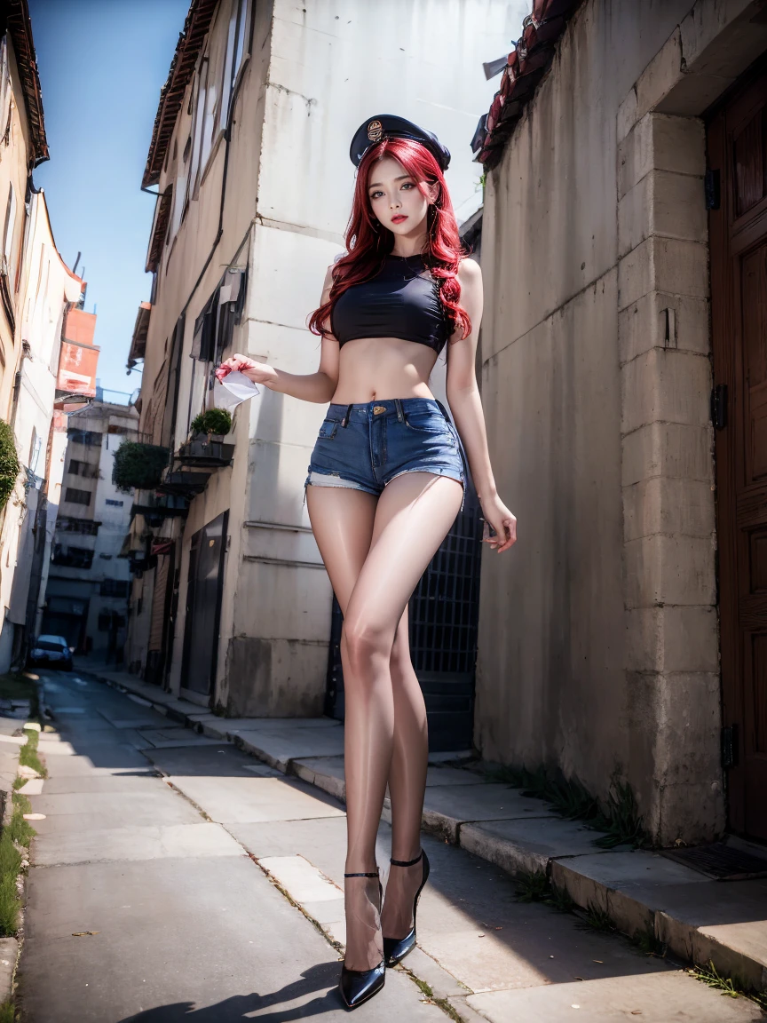masterpiece,best quality,high resolution, 1 girl,From below,(The legs are very thin and straight),,(Very long legs,Straight Legs),,High heel,Long legs,stand up, Leg length from the front, Perfect body,Have perfect legs,(External),Full body female,Dynamic poses,1 girl,Exquisite eyes,Brown eyes,Eyeshadow,cosmetic, Delicate face, Exquisite eyes, Looking at the audience, blush\(cosmetic\), Full lips, Red lips,(Long white hair:1.3), (stand up)Mechanical static,Mechanical Summons,(Hair accessories:1.1),hat,((((shorts)))),City,street, sky sky, paper lantern, Super Resolution,(realism:1.3),1(Slim:1.2),Dramatic Lighting,Vivid details,Luxury Cyberpunk,Complex background,Octane Rendering