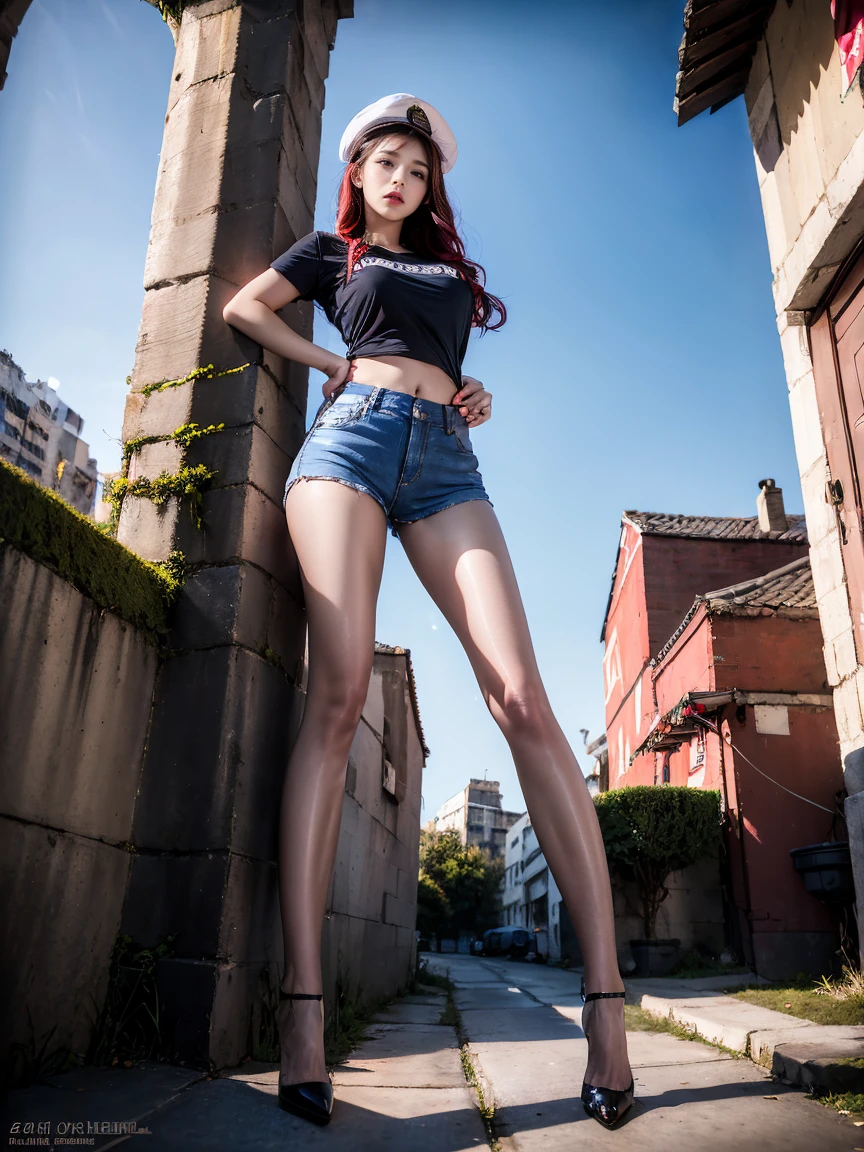 masterpiece,best quality,high resolution, 1 girl,From below,(The legs are very thin and straight),,(Very long legs,Straight Legs),,High heel,Long legs,stand up, Leg length from the front, Perfect body,Have perfect legs,(External),Full body female,Dynamic poses,1 girl,Exquisite eyes,Brown eyes,Eyeshadow,cosmetic, Delicate face, Exquisite eyes, Looking at the audience, blush\(cosmetic\), Full lips, Red lips,(Long white hair:1.3), (stand up)Mechanical static,Mechanical Summons,(Hair accessories:1.1),hat,((((shorts)))),City,street, sky sky, paper lantern, Super Resolution,(realism:1.3),1(Slim:1.2),Dramatic Lighting,Vivid details,Luxury Cyberpunk,Complex background,Octane Rendering