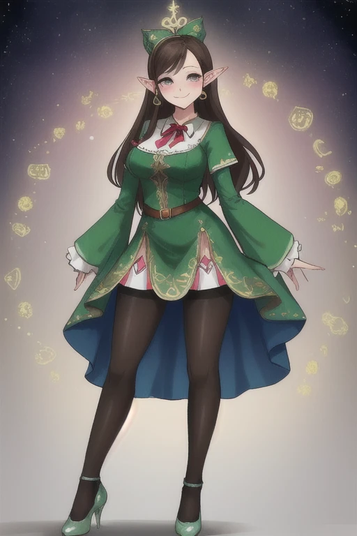 ((best quality)), a pretty girl with elf ear standing full head to toe dress in cute magic short dress long brunette hair decoleter  with sexy pantyhose with magic cute heel shoe