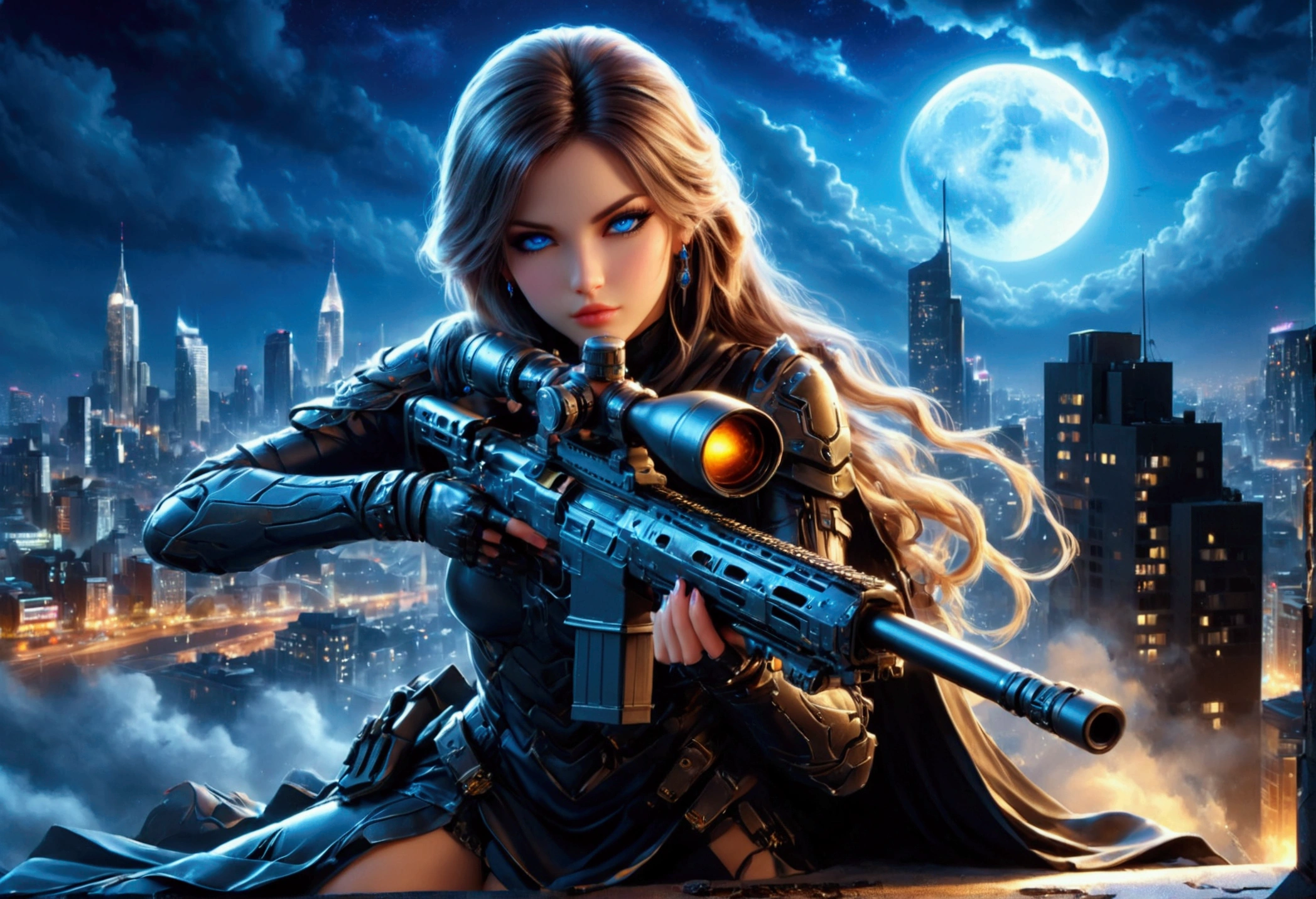 a portrait picture of a 1single woman sniper, standing in a window aiming a sniper rifle, an exotic beautiful woman sniper, dynamic hair, braided hair, full body shop, intense blue eyes, ultra detailed face, wearing (intricate lavender evening dress: 1.5), elegant dress, dynamic color, dynamic style, wearing elegant stiletto heels , behind a window in a tall building at nigh, aiming a Light Sniper Rifle , cyberpunk city background, its night time, moon rays, some clouds,  (full body shot: 1.1) , vibrant, Ultra-high resolution, High Contrast, (masterpiece:1.5), highest quality, Best aesthetics), best details, best quality, highres, ultra wide angle, 16k, [ultra detailed], masterpiece, best quality, (extremely detailed) Sniper Rifle, evening dress
