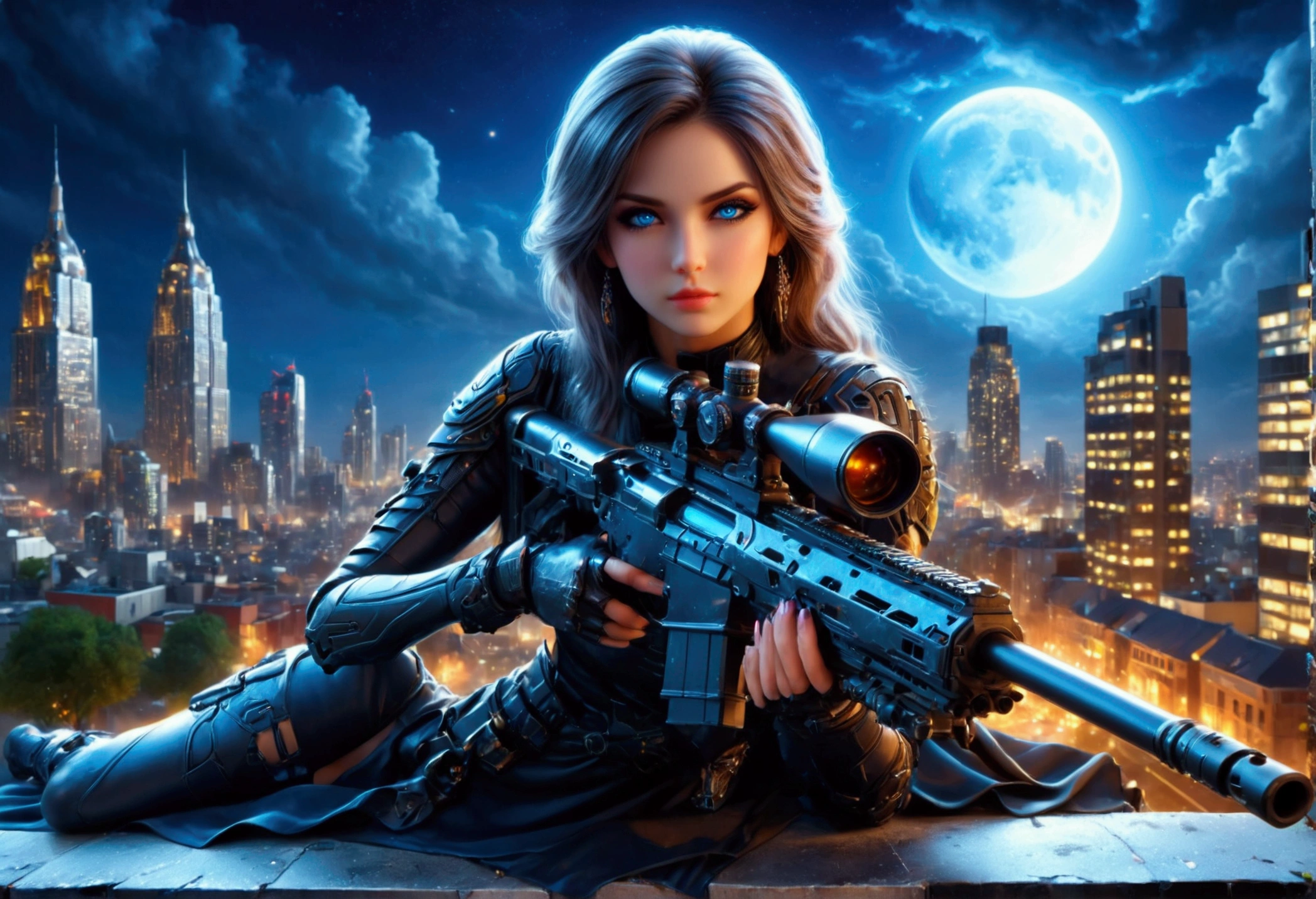 a portrait picture of a 1single sniper woman, standing in a window aiming a (sniper rifle: 1.2), an exotic beautiful woman sniper, dynamic hair, braided hair, full body shop, intense blue eyes, ultra detailed face, wearing (intricate evening dress: 1.5), elegant dress, dynamic color, dynamic style, wearing elegant stiletto heels , behind a window in a tall building at nigh, aiming a Light Sniper Rifle , cyberpunk city background, its night time, moon rays, some clouds,  (full body shot: 1.1) , vibrant, Ultra-high resolution, High Contrast, (masterpiece:1.5), highest quality, Best aesthetics), best details, best quality, highres, ultra wide angle, 16k, [ultra detailed], masterpiece, best quality, (extremely detailed) Sniper Rifle, evening dress