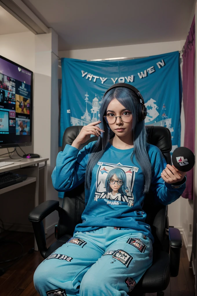 A full-body image of a slim woman with glasses, dyed blue hair, and a quirky outfit. She is dressed in pajama pants and a gamer tee. She is sitting in a comfortable chair in her streaming room, with a microphone and webcam set up. The background shows a cozy room with posters and gaming memorabilia.