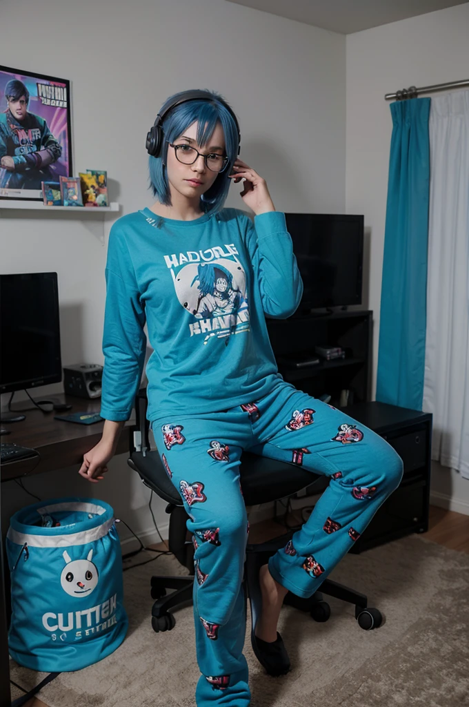 A full-body image of a slim woman with glasses, dyed blue hair, and a quirky outfit. She is dressed in pajama pants and a gamer tee. She is sitting in a comfortable chair in her streaming room, with a microphone and webcam set up. The background shows a cozy room with posters and gaming memorabilia.
