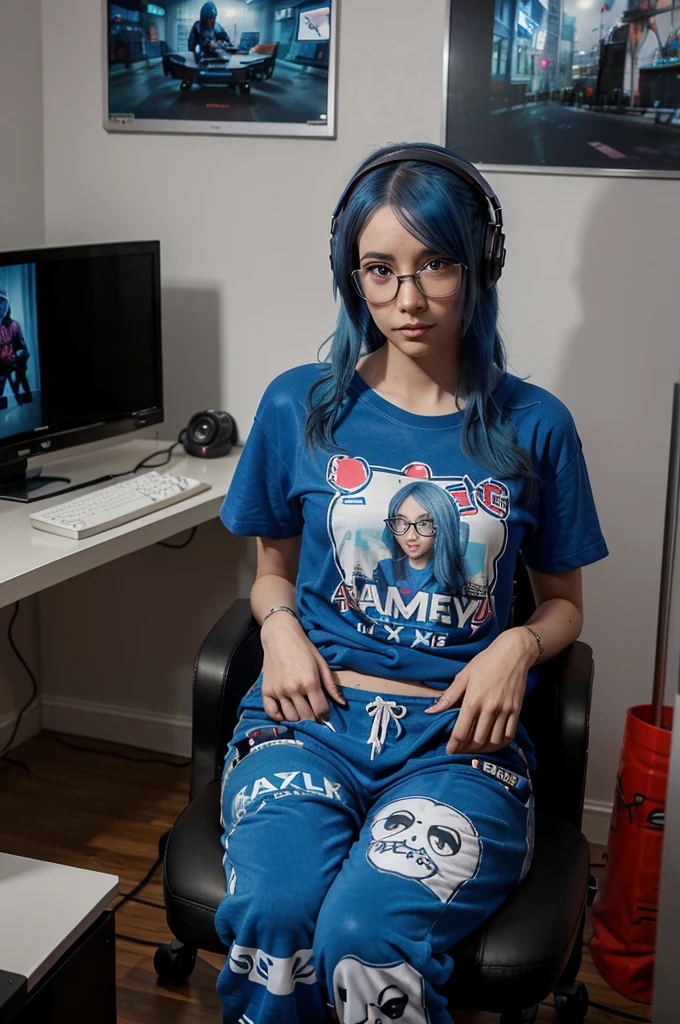 A full-body image of a slim woman with glasses, dyed blue hair, and a quirky outfit. She is dressed in pajama pants and a gamer tee. She is sitting in a comfortable chair in her streaming room, with a microphone and webcam set up. The background shows a cozy room with posters and gaming memorabilia.