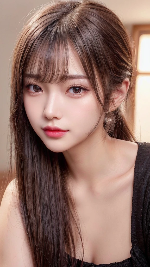 Lipstick in hand,Cosmetics commercial style,Commercial filming studio,close up face,Black Dresses,Ultra-detailed, finely detail, hight resolution, 8K Wallpaper, Perfect dynamic composition, Beautiful detailed eyes,,Close-up of face,,Blushing,Facing forward,Long hair ponytail,((8k, Raw photo, Best Quality, Mastepiece:1.2), (Realism, Photorealistic:1.4), (Highly detailed 8K wallpapers), Depth of written boundary, Cinematic Lighting, Soft Light, Detailed Beauty Eye,Shiny and smooth light brown ponytail, Asymmetrical bangs, Shiny skin, Ultra-detailed skins ,It is high resolution., High detail, Detailed hairstyle, Detailed facial beauty, Hyper-realistic, Perfect limbs, Perfect Anatomy ,1 Japanese girl,Famous Japanese Idols, Perfect female body,A shy smile,Short eyelashes,Double-edged eyelids,Look straight here,Hair style: ponytail,