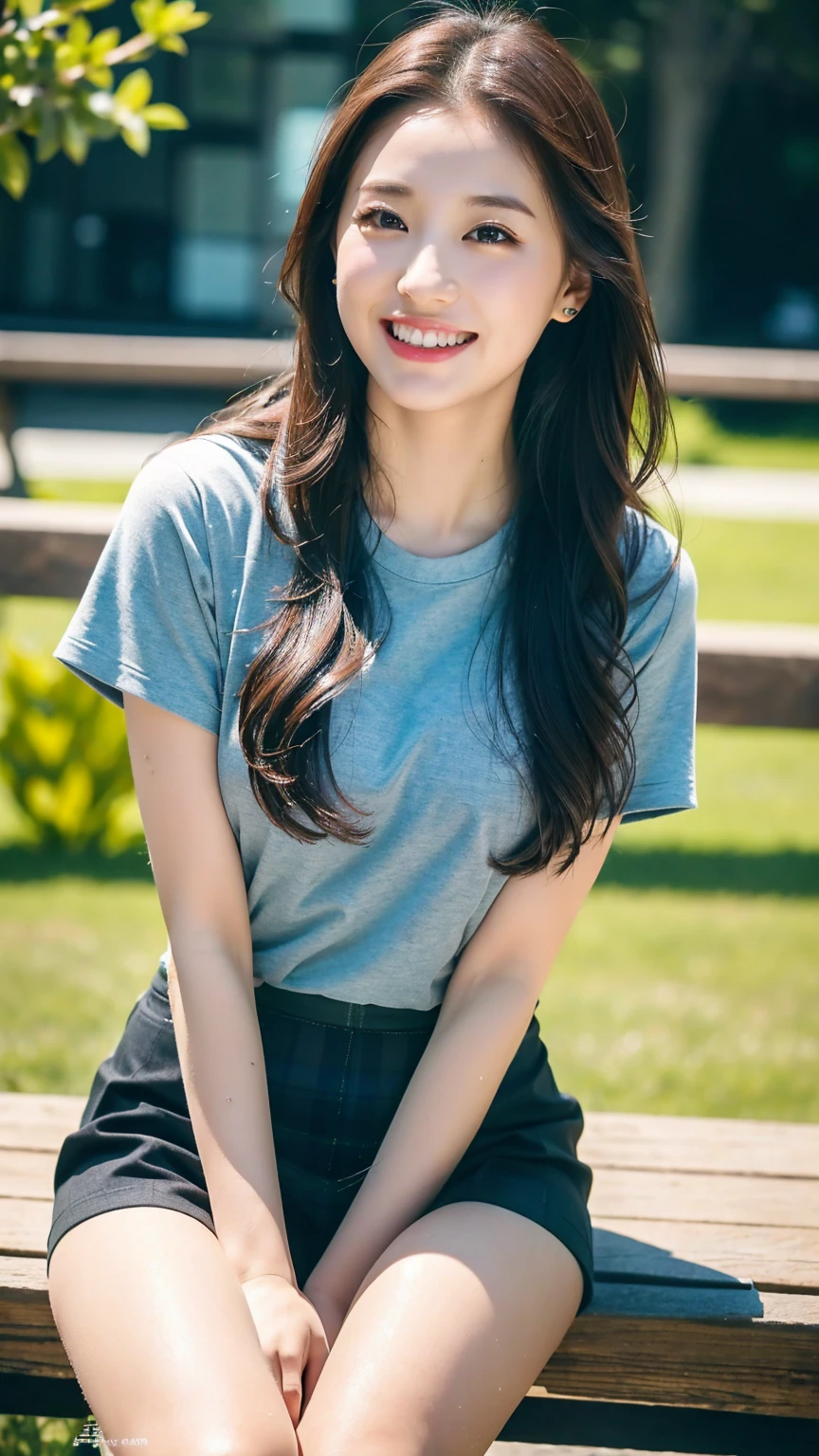 (8k), (best quality: 1.2), (realistic), (realistic: 1.37), ultra high resolution, 1 girl, cute, laugh, closed mouth, beautiful details, beautiful nose, wet hair, red lip,one point piercing,huge two cells, pork, thighs，Self Snap,College student ,sunny day,I can see the sea,sitting on bench,cross one&#39;s legs,look down,from above,(Simple dark gray blazer 1),(dark gray pleated skirt),(Dark Blue Bow Tie),(The skirt pattern is a tartan check pattern....:1.3),濡れたthighs,Knee High Tights,(thighsにクローズアップ1.2)