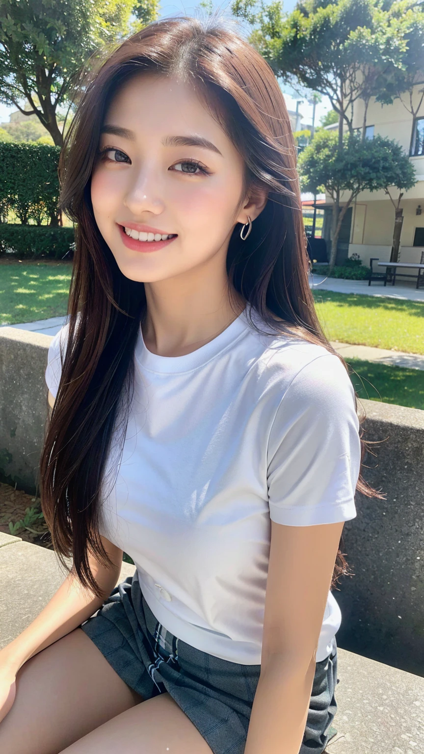 (8k), (best quality: 1.2), (realistic), (realistic: 1.37), ultra high resolution, 1 girl, cute, laugh, closed mouth, beautiful details, beautiful nose, wet hair, red lip,one point piercing,huge two cells, pork, thighs,Self Snap,College student ,sunny day,I can see the sea,sitting on bench,cross one's legs,look down,from above,(Simple dark gray blazer 1),(dark gray pleated skirt),(Dark Blue Bow Tie),(The skirt pattern is a tartan check pattern....:1.3),濡れたthighs,Knee High Tights,(thighsにクローズアップ1.2)