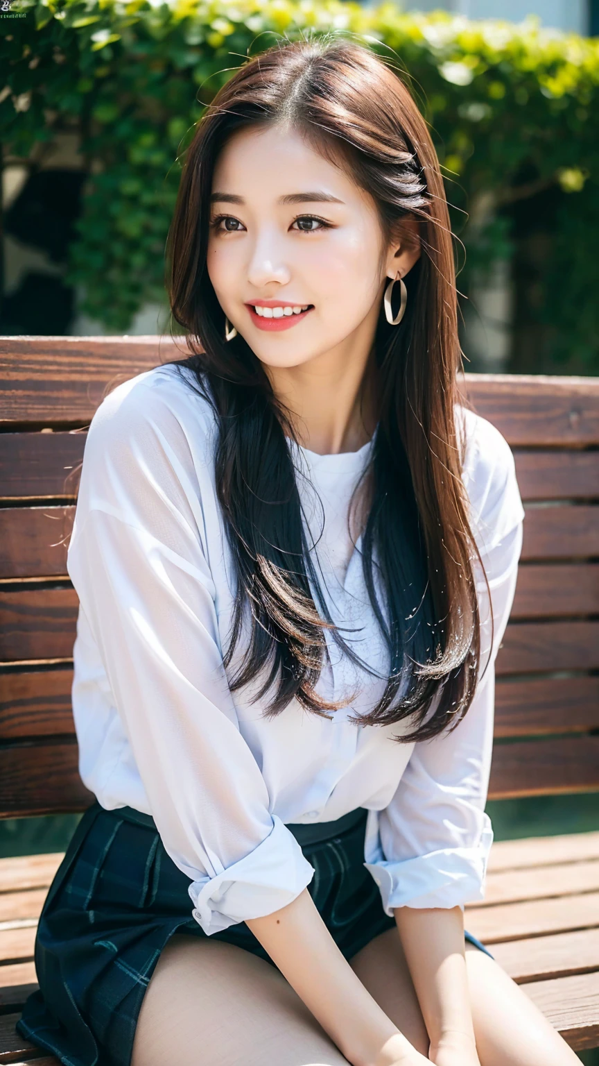 (8k), (best quality: 1.2), (realistic), (realistic: 1.37), ultra high resolution, 1 girl, cute, laugh, closed mouth, beautiful details, beautiful nose, wet hair, red lip,one point piercing,huge two cells, pork, thighs，Self Snap,College student ,sunny day,I can see the sea,sitting on bench,cross one&#39;s legs,look down,from above,(Simple dark gray blazer 1),(dark gray pleated skirt),(Dark Blue Bow Tie),(The skirt pattern is a tartan check pattern....:1.3),濡れたthighs,Knee High Tights,(thighsにクローズアップ1.2)