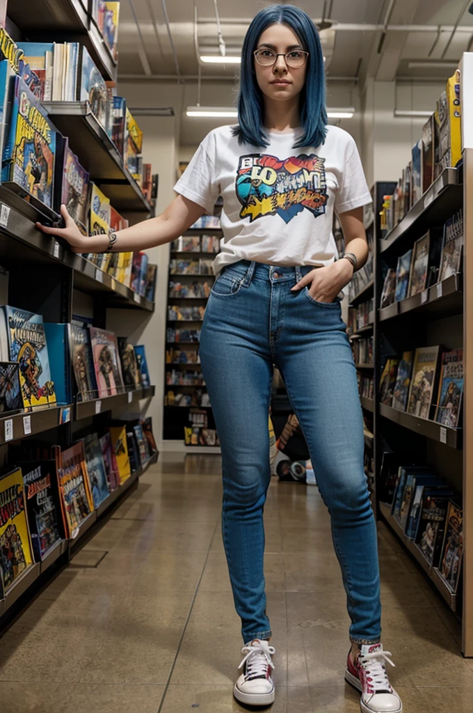 A full-body image of a slim woman with glasses, dyed blue hair, and a love for comics. She is wearing a graphic tee, jeans, and converse shoes. She stands in a comic book store, browsing through comic books on a shelf. The background features shelves filled with comic books and action figures.