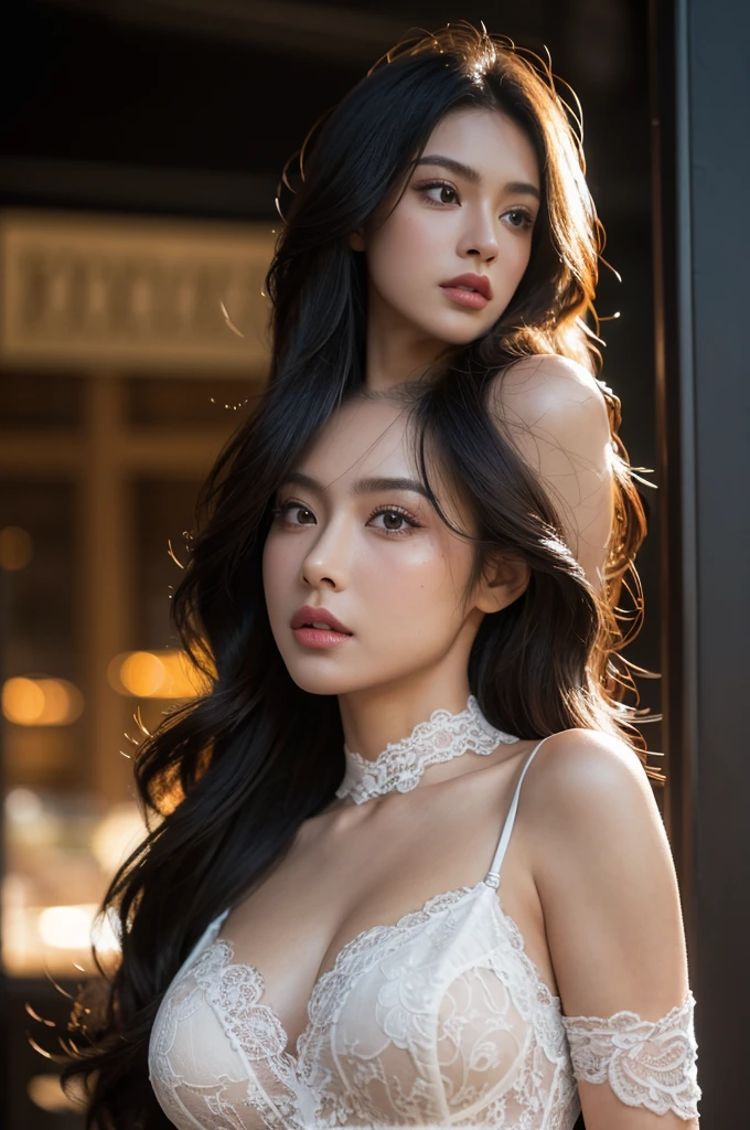 a stunningly realistic, high resolution 8K photo of a beautiful 30-year-old woman, ((messy side wave long hair)), and a glamorous figure, dramatic lighting, masterpiece, immersive atmosphere, chiaroscuro:(1.5, bright light:1.2, luminous lighting), (background blur:1.5), blurring, best quality, photorealistic, ultra-detailed, HDR, physically-based rendering, studio lighting, vivid colors, bokeh, (real skin texture:1.3), high contrast, (Fuji Color:1.5), Film grain, seductive detailed eyes and face, dynamic lighting, in the dark, deep shadow, low key, cowboy shot, Light on Face, hyperdetailed face, very detailed lips, Detailed eyes, City Street，hyperdetailed face, very detailed lips, Detailed eyes, (Wear clothes that show the lines of your body),(Lace costumes:1.2)