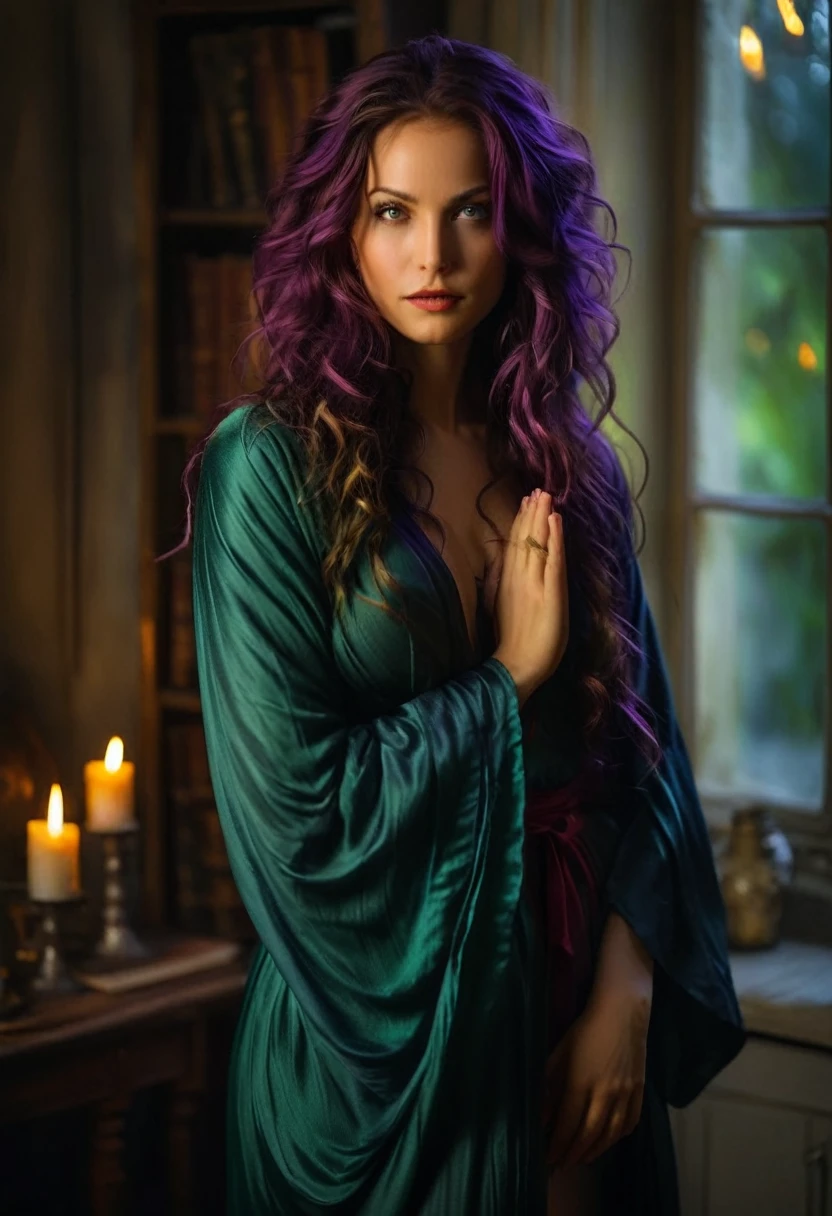 A mysterious and seductive witch stands in a dim, candle-lit room. She wears a long, flowing robe in deep, rich colours such as purple or emerald green, which flatters her figure without revealing too much. Her long, wavy hair falls over her shoulders and shines in the candlelight.
The witch holds her hands in front of her, roughly at chest height, with her palms facing each other but not touching. A faint, pulsating glow can be seen between her hands, symbolising the magical energy.
Her face shows an expression of deep concentration mixed with a hint of rapture. Her eyes are half-closed, her lips slightly open, as if she is feeling and savouring the energy between her hands.
Magical symbols, old books and crystals are blurred in the background, adding to the mystical atmosphere.