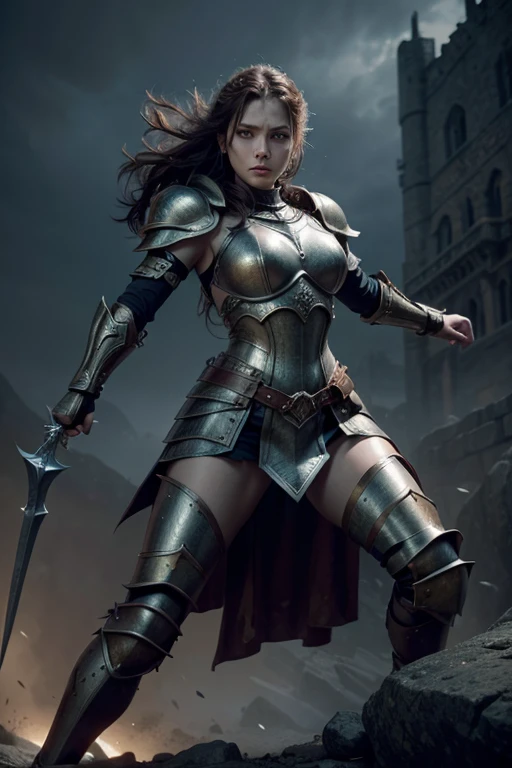 a powerful girl warrior , detailed armor, detailed full body features, intense gaze, dynamic pose, medieval fantasy, dramatic lighting, cinematic composition, muted color palette, epic adventure