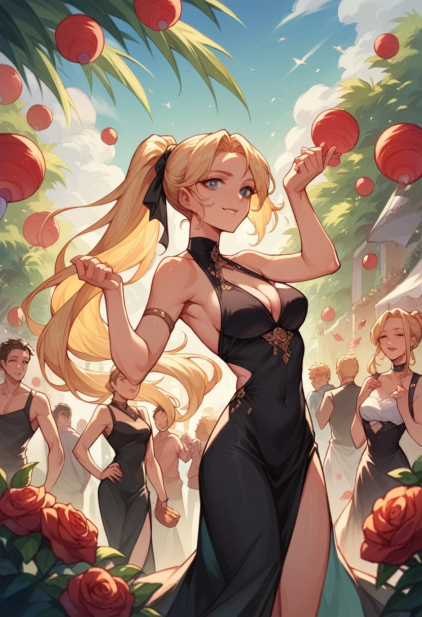 Beautiful blonde, long hair, ponytail, sexy black dress, IN A PARTY, Many people