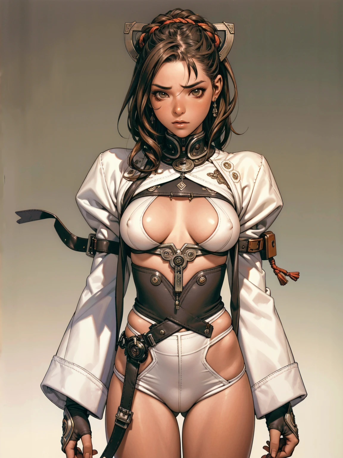 (((MMA fighter))), ((( red shorts ))), (((bandaged arms))), ((high collar)), (((afro-americana)), (((micro shorts with vertical seams))), (((best qualityer: 1.4))), (Unbeatable masterpiece), (hiper HD),(CG 8k hyper-realistic), (((brave face))), (((breasts big))), (((hyper feminine))), (((musclegirl))), sexly girl, king of fighter,(curly hair)), ((( sculptural body ))), (((1 Kizi))), Kizi de 25 anos com perfectbody,,Beautiful and well-groomed face,muscular body:1.2,solid color detailed jacket, (Head to thigh photos), Complex equipment, green dark,long pants,Tight clothes are dark,With white stars and off-white stripes,,,,,Armor Metal Electronic Parts) INFO, Kizi, (((standing alone))), pirralha violent, ((())), sexly, pose de atitude, work of art, post-apocalypse, (((manga style))), bounty hunter, violent, Manic, the way you want, slenderbody, thin but strong, perfectbody, roupa moderna, advanced technology, neon, sleeves with vertical striped pattern, neutral background, (( cowboy shot )). intricate visual
