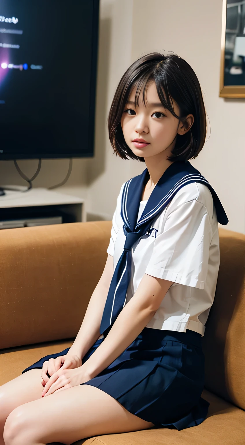 (Tabletop, Highest quality:1.2), 8k, Official Art, RAW Photos, unbelievably ridiculous、((Full Body Shot))、 (Upper Body, Sailor suit, Seraphim:1.4), beautiful girl, Pretty face, Layered Haircut、lean back, (Navy Pleated Skirt:1.1), close, , Short sleeve, Gardenia, Violet, , ((Sitting on the sofa in a dark room)),(Sitting:1.2)、View your viewers, No makeup, Sitting upright on the bed、Film Grain, chromatic aberration, Sharp focus, Face Light, Dynamic Lighting, Cinema Lighting, Eye and facial details,、((Sitting on the sofa in a dark room)),