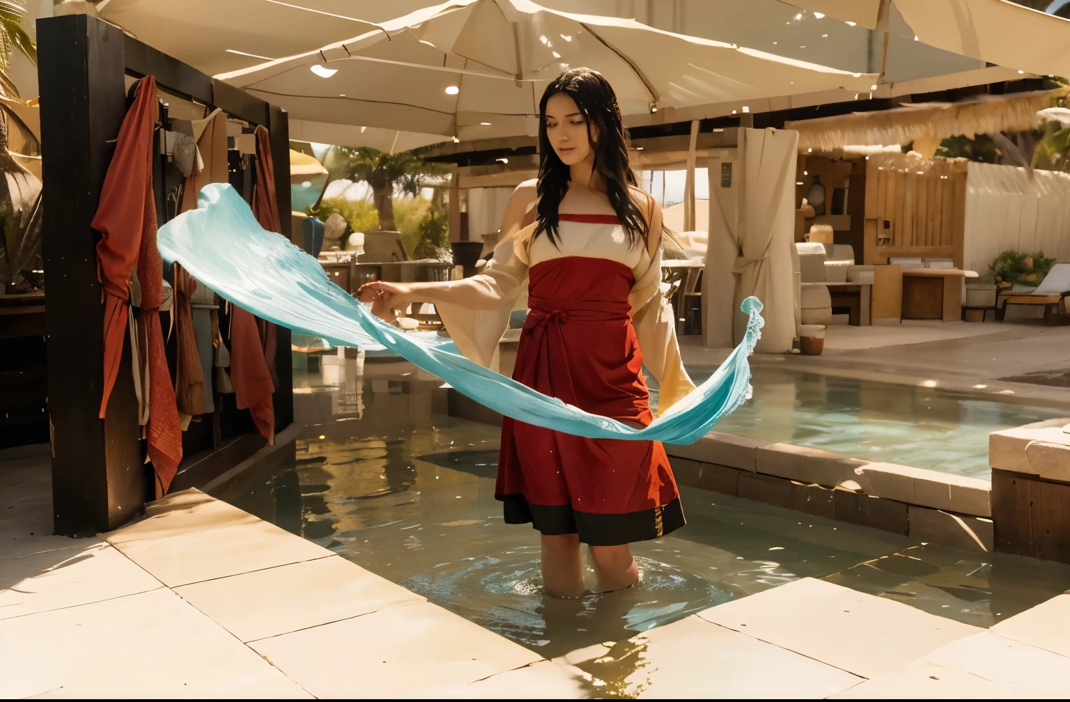 (Best quality, 8k, 32k, Masterpiece, UHD:1.2), "Transform the scene into a serene beach setting, featuring a skilled waterbender from the world of Avatar: The Last Airbender. The background showcases a picturesque shoreline with golden sands stretching out towards the turquoise ocean. Gentle waves lap against the shore, reflecting the sunlight in a dazzling display of light and color.
In the foreground, the waterbender stands poised and focused, their hands gracefully moving to control the flow of water around them. Streams of water rise and twist in response to their movements, forming intricate patterns in the air. The water reflects the waterbender's control, moving with precision and fluidity.
The beach setting is bathed in the warm glow of the sun, with clear blue skies overhead. Palm trees sway gently in the breeze, and seashells are scattered along the shore. The waterbender's attire is traditional, with flowing robes that move with the wind, emphasizing their connection to the water.
The overall atmosphere is one of harmony and mastery, capturing the elegance and power of waterbending. The scene should evoke a sense of tranquility and awe, highlighting the beauty of the natural world and the waterbender's profound connection to it."