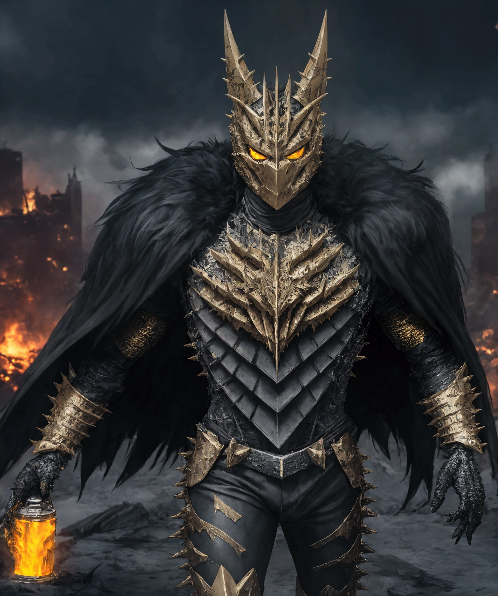 (extremely detailed 8k wallpaper), a medium shot photo of Grim dressed as a scary masked metallic yellow furry-supervillain in a metallic yellow spiked armour made of fur glowing armour with spikes from marvel, theme, intricate, high detail, dramatic, destroyed burning buildings in the background