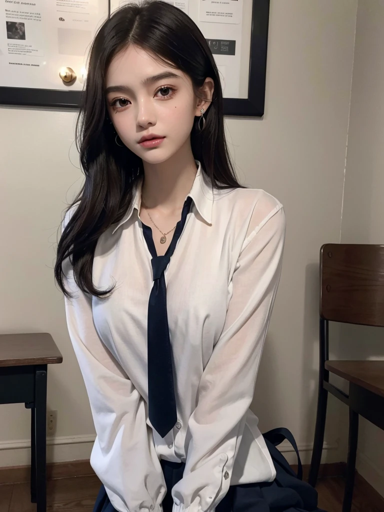 absurdres, RAW photo, extremely delicate and beautiful, masterpiece, Best Quality, ultra high resolution, 32k, hyperrealistic, ultra-detailed, perfect anatomy, super Detailed skin, perfect figure, Super Beauty, Perfect Style, Perfect balance, Beautiful Lighting, Perfect Lightning, Realistic Shadows, 20 years old, very Slim body, narrow waist, very small head, very small face, delicate facial features, handsome detailed woman, very detailed eyes and face, realistic face proportions, Realistic beautiful face, Realistic beautiful eyes, tearful mole, earring, very huge round breasts, legs, medium hair, ((whole body shot)), ((school uniform)),