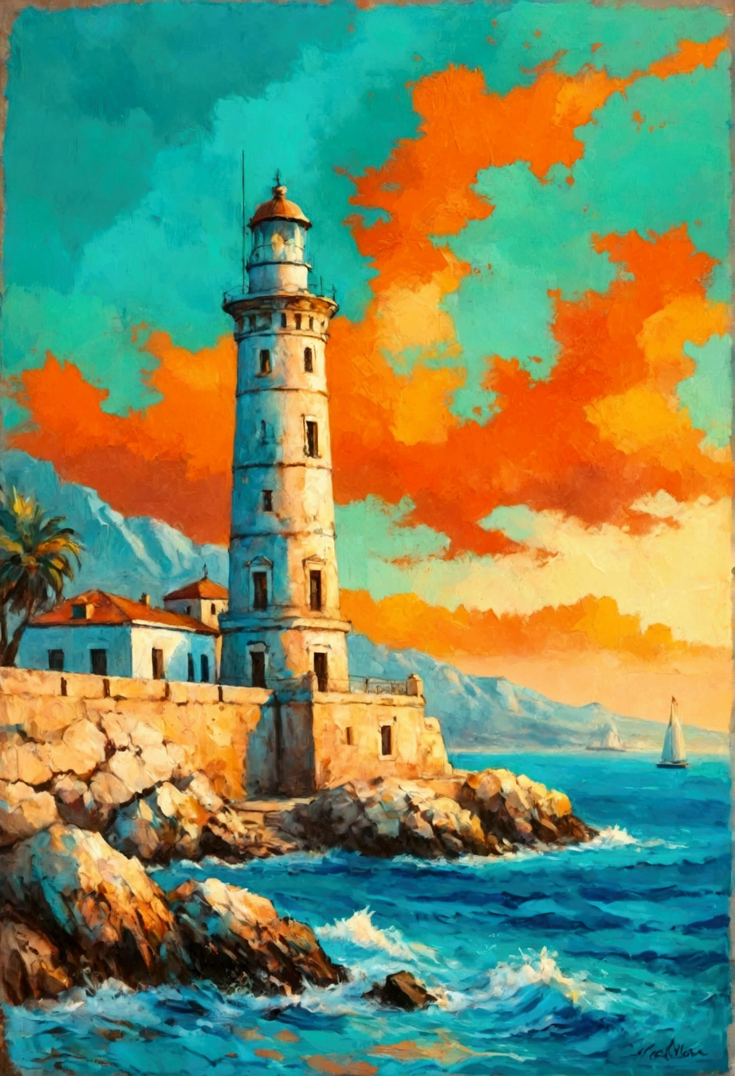 a thick textured oil painting, impasto brushstrokes, dry brushing,revealing underlayers, breathtaking composition, Create an art deco inspired illustration of A scenic lighthouse Chania Lighthouse (Greece), overlooking the turquoise waters of sunset. Include vibrant pastel colors, sleek lines, and a retro summer atmosphere. The style should be reminiscent of vintage travel posters with a modern twist, breathtaking composition, wall art decor, Chania Lighthouse (Greece), Chania Lighthouse (Greece)