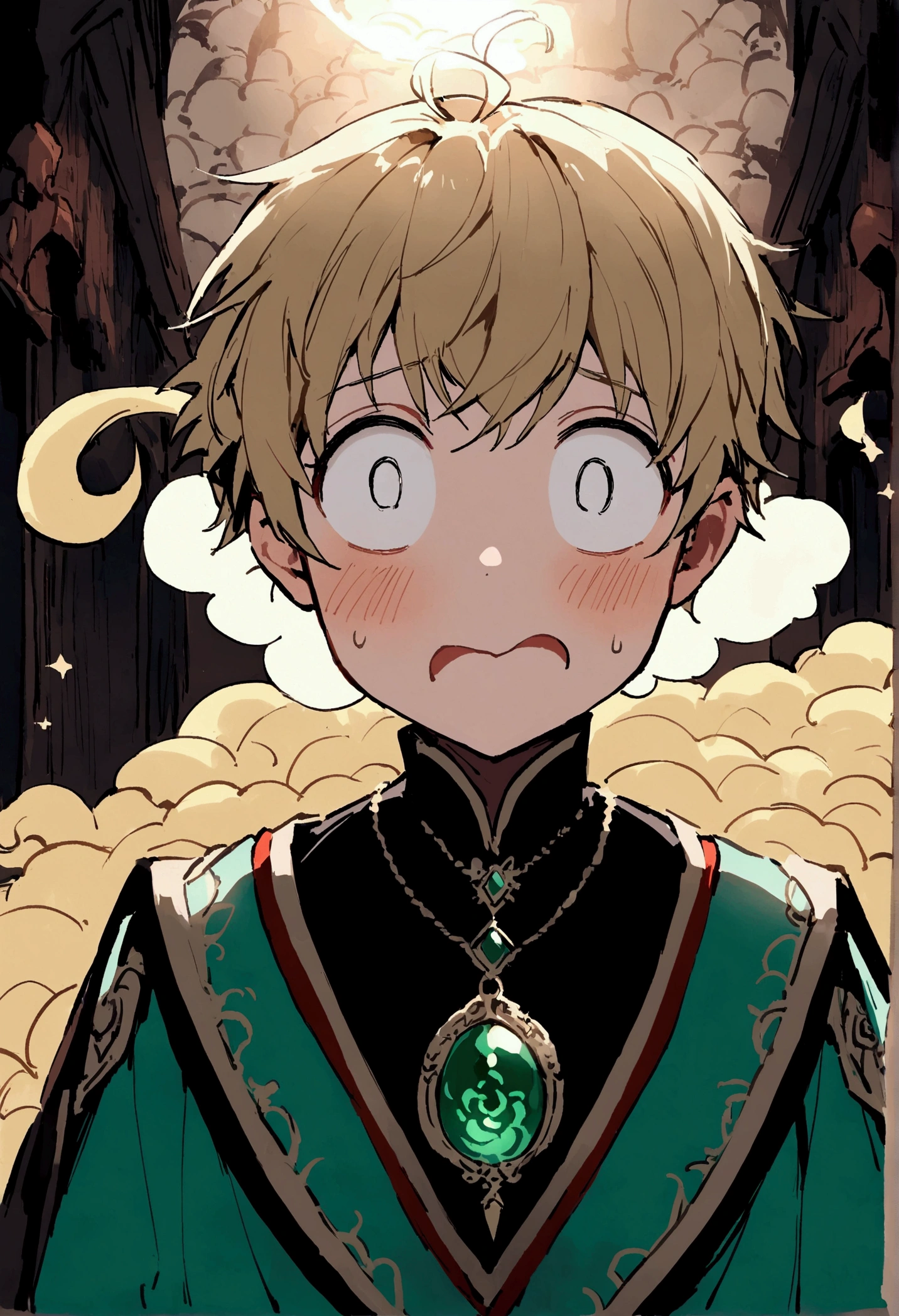 nube，Uninhabited primeval forest，mysterious forest。ancient cave，young male elf, White hair, Shabby laundry room，((Very shocked expression))，eyes wide，close up，Looking at the shining jade pendant，（jade pendant：luminescence），((Mysterious and dreamy scene）），estilo chinêundo imortal，Mundo Xianxia，，((little kid))