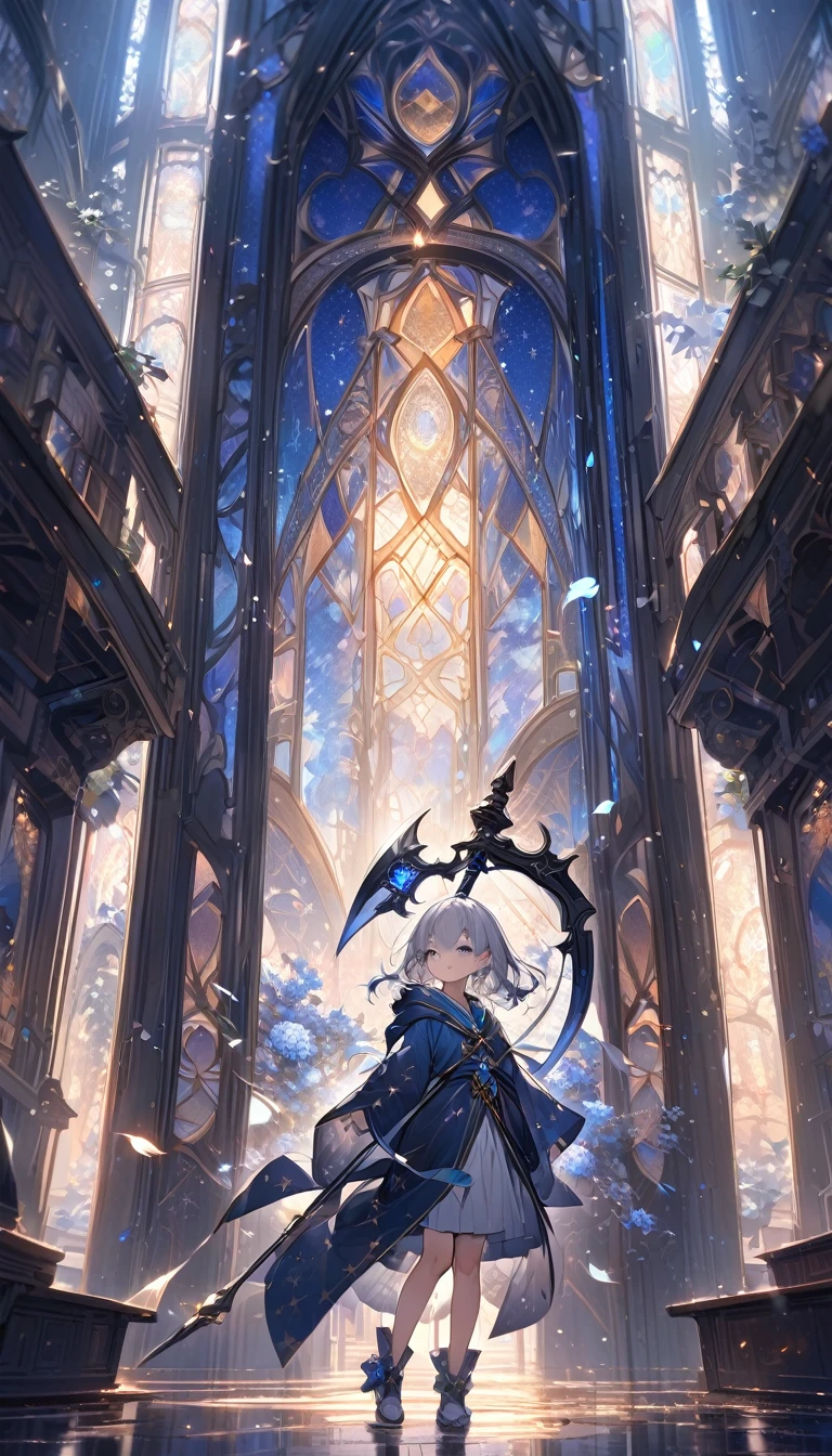 Highest quality,masterpiece,Detailed Details,Super detailed,colorful,The background is dark blue water,Transparency,Use HDR technology to create a sense of depth,beautiful,beautiful自然,Sacred atmosphere,,Alone,Wearing starry wizard robes,Stand in the center of the screen,The whole body faces this way,Look diagonally forward to the left,holding a scythe,A scythe blade made from a blue gem,A scythe handle made from a black gem.,Narrow and gentle eyes,mysterious,Silver hair decorated with blue flowers,Fantasy atmosphere,beautiful虹色の蝶々is flying in the air