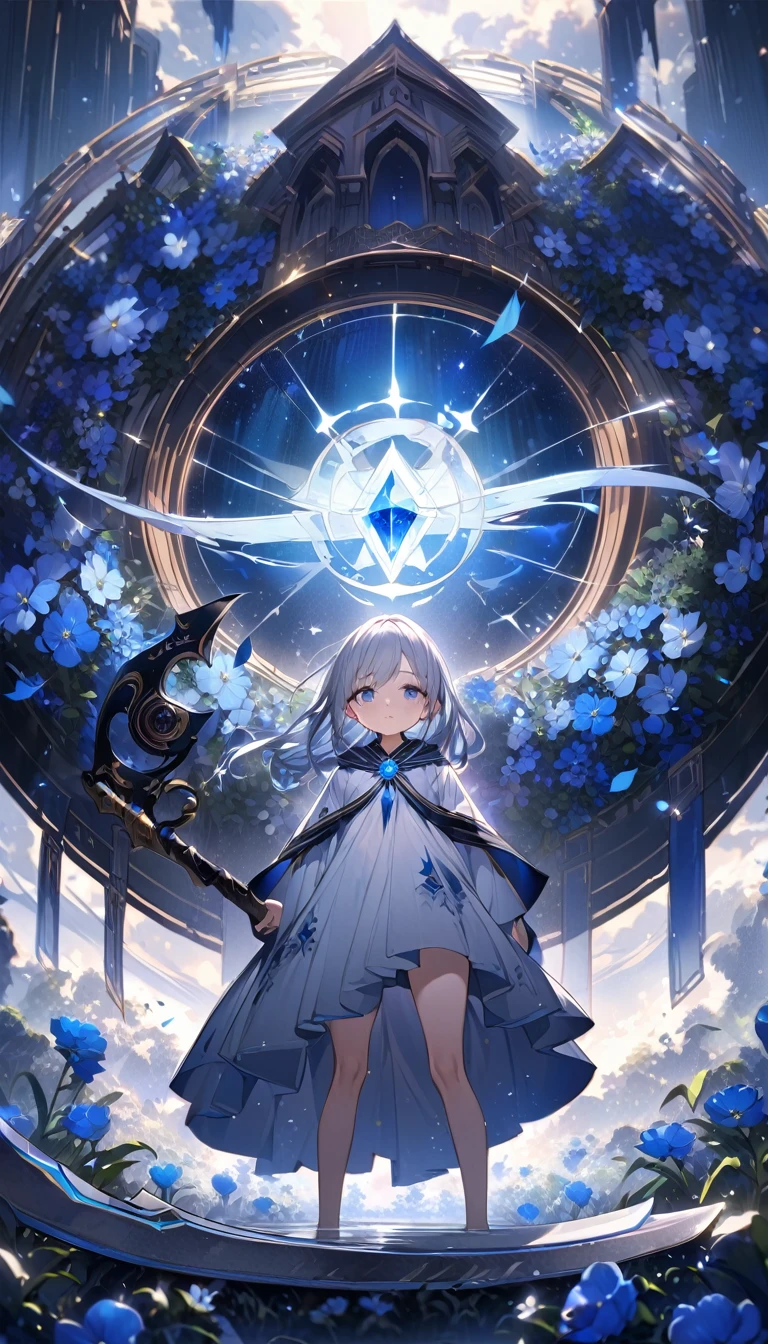 Highest quality,masterpiece,Detailed Details,Super detailed,colorful,The background is dark blue water,Transparency,Use HDR technology to create a sense of depth,beautiful,beautiful自然,Sacred atmosphere,,Alone,Wearing starry wizard robes,Stand in the center of the screen,The whole body faces this way,Look diagonally forward to the left,holding a scythe,A scythe blade made from a blue gem,A scythe handle made from a black gem.,Narrow and gentle eyes,mysterious,Silver hair decorated with blue flowers,Fantasy atmosphere,beautiful虹色の蝶々is flying in the air