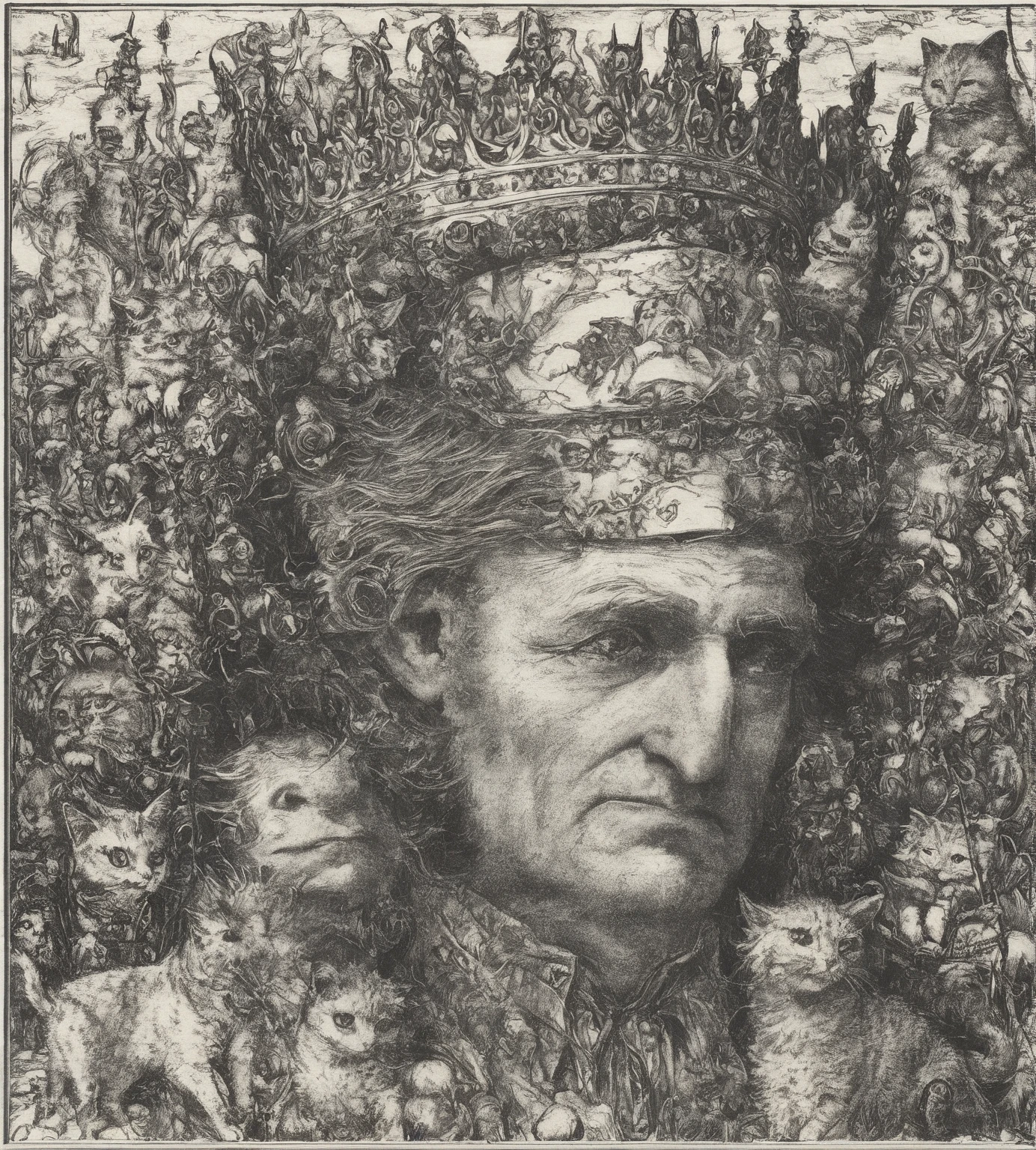 Arafed drawing of a man with a crown and a cat, Direction: Otto Dix, by J..of one Exner, mouse with crown, but Alfred Kubin, Direction: Otto Stark, Direction: Austin Osman Spare, por Edward Baird, Direction: Santiago Caruso, by J... J.. big city, strange crown ), black and white illustration, por Witold Pruszkówski