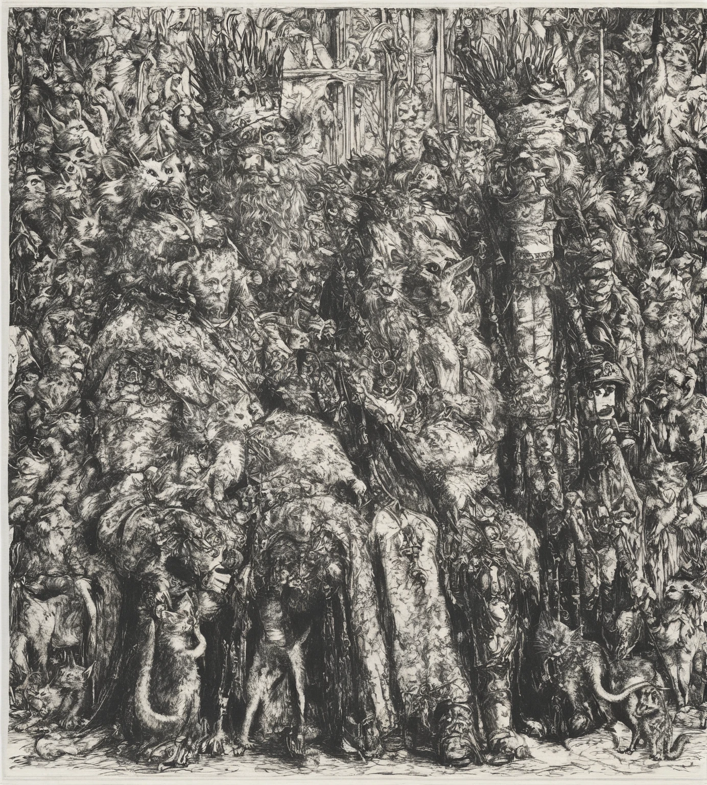 Arafed drawing of a man with a crown and a cat, Direction: Otto Dix, by J..of one Exner, mouse with crown, but Alfred Kubin, Direction: Otto Stark, Direction: Austin Osman Spare, por Edward Baird, Direction: Santiago Caruso, by J... J.. big city, strange crown ), black and white illustration, por Witold Pruszkówski