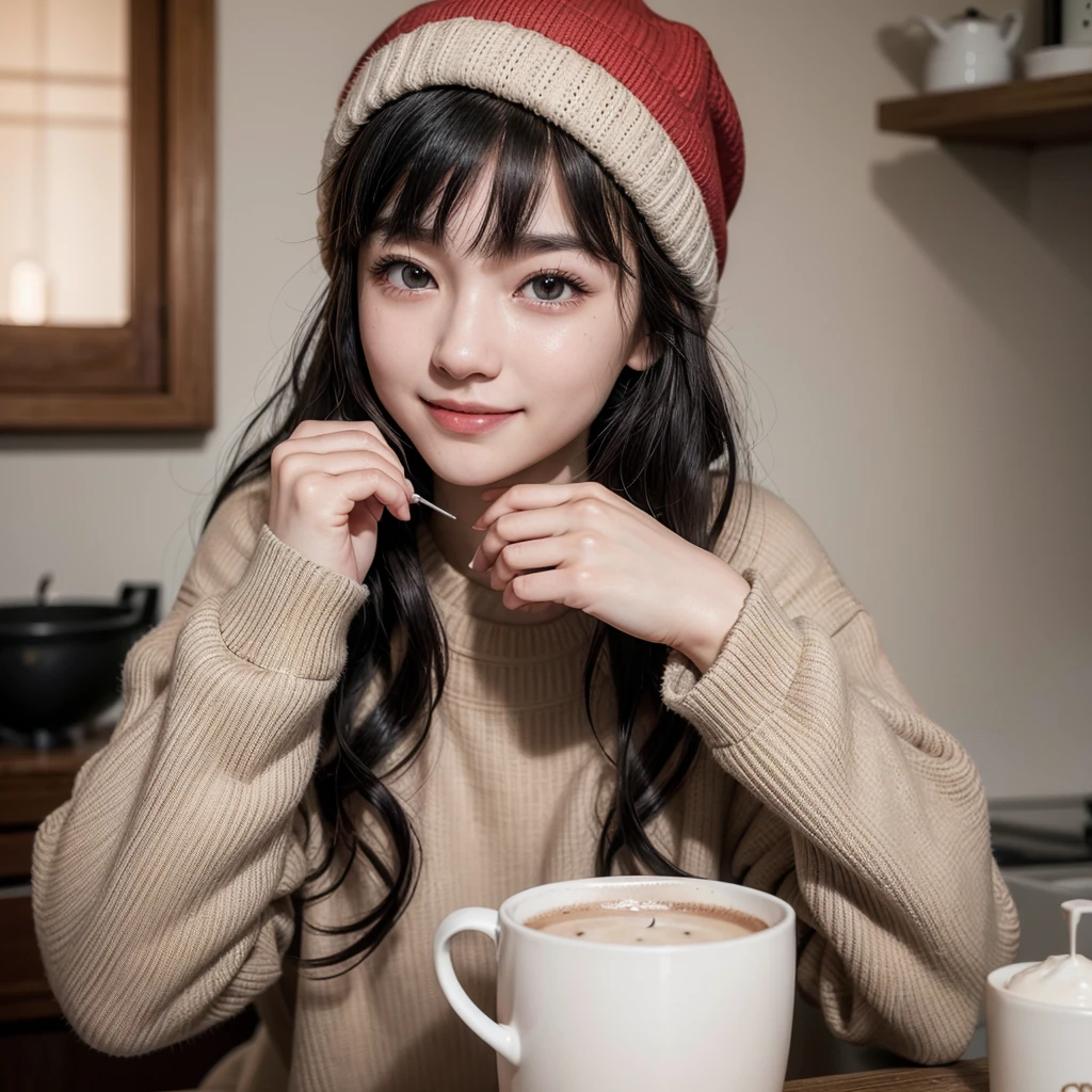 ((best qualityer)), ((work of art)), (detailded),cute japanese,((1 people)),alone,18 years old, ((porcelain cut white skin)),((black eyes)),(black long wavy hair,with bangs),((flushed skin)),,(Alone),(best quality: 1.4), (Ultra high resolution: 1.2), (photorealistic: 1.4), 8k resolution, , Absurd, ultra detailed, sharp focus, cinematic lighting, Detailed Beautiful Face,wearing a beige sweater, sweatpants,((red cap)),black cat ears,,drinking hot chocolate, little light in the kitchen, it's night, it's raining,smiling, happy face, cheerful countenance
