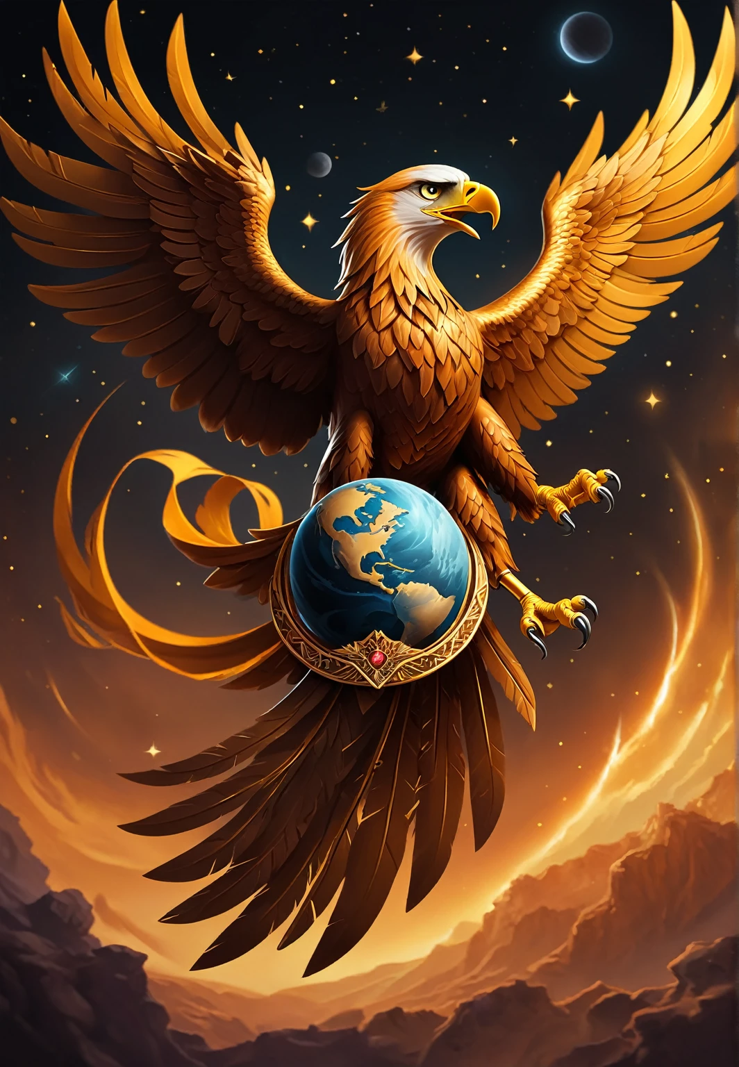 Create a logo depicting the "Planet of Archetypes" with a focus on a new, cosmic planet. The logo should be ultra-realistic and feature this planet prominently, imbued with a golden hue and intricate details symbolizing mythological depth and cosmic significance. Within the planet, seamlessly integrate the archetype of an eagle soaring majestically, symbolizing strength, vision, and freedom. Additionally, subtly incorporate the essenc
