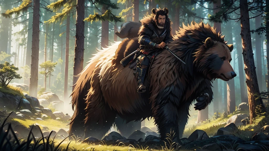 a samurai riding a grizzly bear in the forest, highly detailed, 8k, photorealistic, hyperrealistic, incredibly detailed, dramatic lighting, cinematic composition, intricate details, extremely realistic textures, vibrant colors, dramatic shadows, epic fantasy scene, award winning digital art