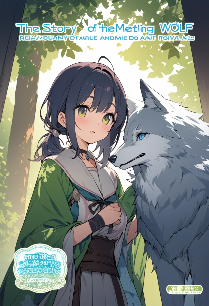 High-quality illustrations, doujinshi cover_page, highres, absurdres, The story of the meeting of a girl and a wolf,