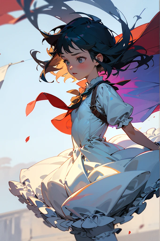 10 year old girl underwear, Realistic bloomers made from patterned cotton fabric, Medieval one-piece dress with panniers, Fabric Realism, Low - Angle, I see bloomers, Pull up the dress by hand, Strong winds, Translucent slip, Translucent slip, tights, Highest quality, Crotch close-up, whole body