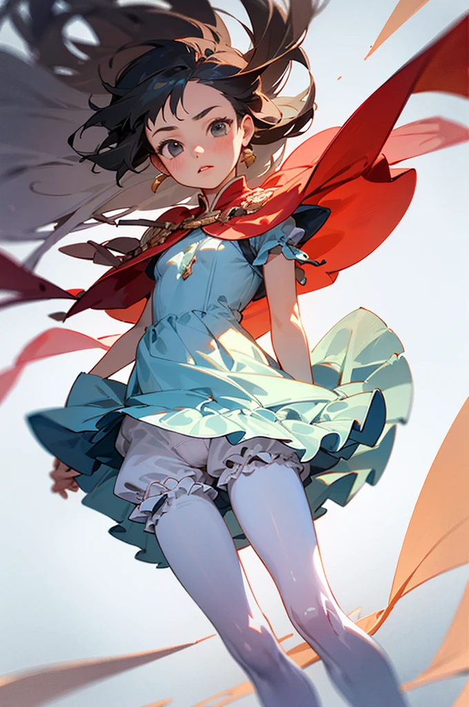 10 year old girl underwear, Realistic bloomers made from patterned cotton fabric, Medieval one-piece dress with panniers, Fabric Realism, Low - Angle, I see bloomers, Pull up the dress by hand, Strong winds, Translucent slip, Translucent slip, tights, Highest quality, Crotch close-up, whole body