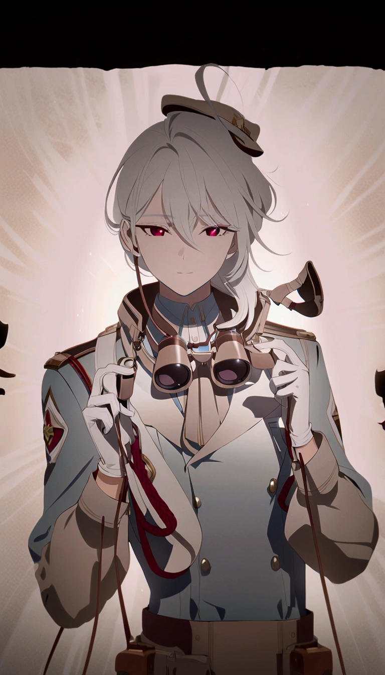 Coloring the line drawing,White hair,Blue tuxedo,White gloves,Red eyes,Brown binoculars around the neck,detail,Light and Shadow,shadow