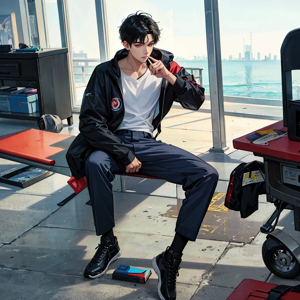 16 year old teenager with Asian genes, slim physique with a toned body and his messy black hair, with In school background