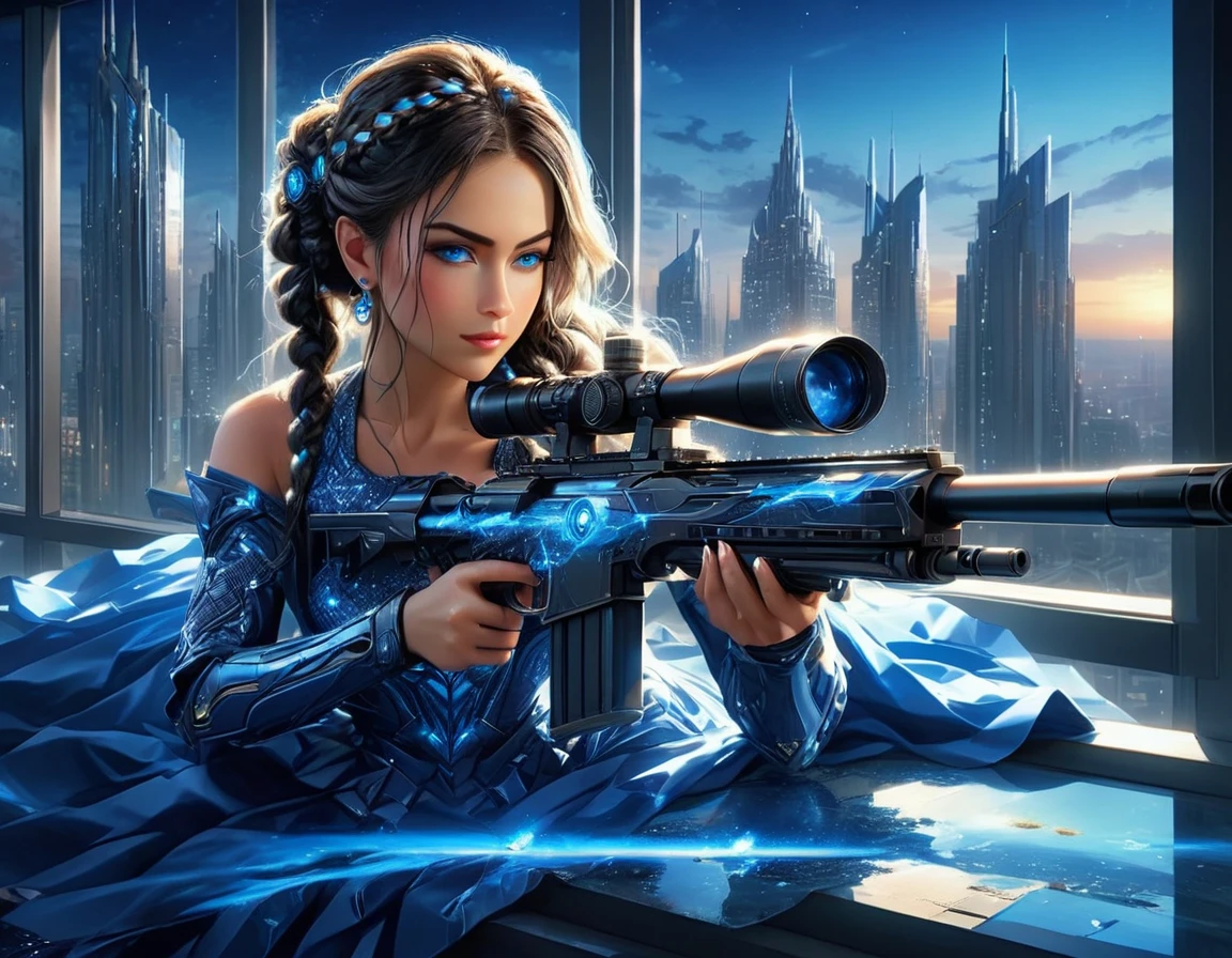 a portrait picture of a 1single woman sniper, standing in a window aiming a sniper rifle, an exotic beautiful woman sniper, dynamic hair, braided hair, full body shop, intense blue eyes, ultra detailed face, wearing (intricate evening dress: 1.5), elegant dress, dynamic color, dynamic style, wearing elegant stiletto heels , behind a window in a tall building at nigh, aiming a Light Sniper Rifle , cyberpunk city background, its night time, moon rays, some clouds,  ((anatomically correct: 1.5)),  (full body shot: 1.1) , vibrant, Ultra-high resolution, High Contrast, (masterpiece:1.5), highest quality, Best aesthetics), best details, best quality, highres, ultra wide angle, 16k, [ultra detailed], masterpiece, best quality, (extremely detailed) Sniper Rifle, evening dress