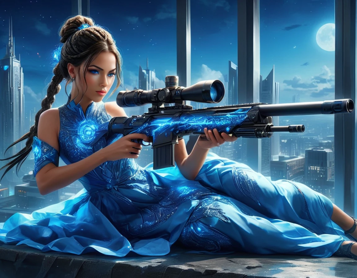 a portrait picture of a 1single woman sniper, standing in a window aiming a sniper rifle, an exotic beautiful woman sniper, dynamic hair, braided hair, full body shop, intense blue eyes, ultra detailed face, wearing (intricate evening dress: 1.5), elegant dress, dynamic color, dynamic style, wearing elegant stiletto heels , behind a window in a tall building at nigh, aiming a Light Sniper Rifle , cyberpunk city background, its night time, moon rays, some clouds,  ((anatomically correct: 1.5)),  (full body shot: 1.1) , vibrant, Ultra-high resolution, High Contrast, (masterpiece:1.5), highest quality, Best aesthetics), best details, best quality, highres, ultra wide angle, 16k, [ultra detailed], masterpiece, best quality, (extremely detailed) Sniper Rifle, evening dress