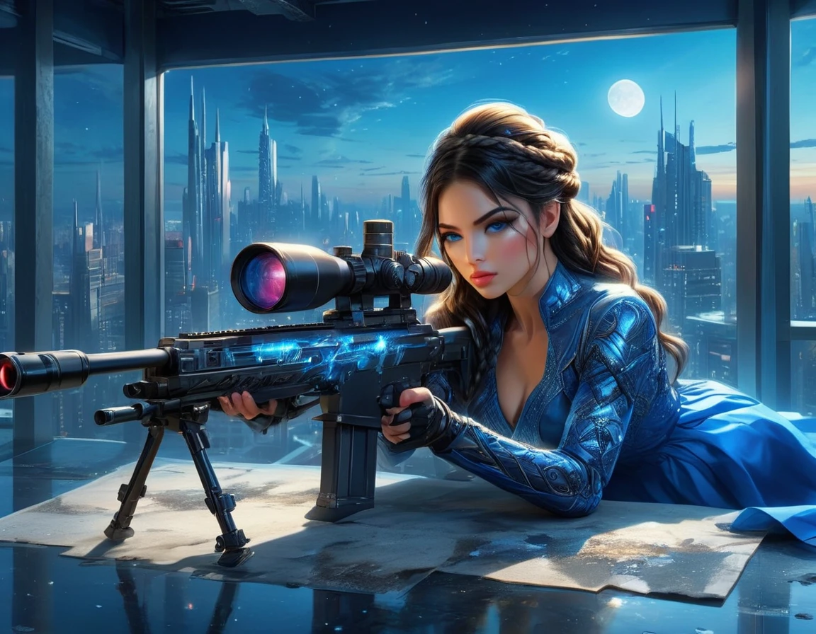 a portrait picture of a 1single woman sniper, standing in a window aiming a sniper rifle, an exotic beautiful woman sniper, dynamic hair, braided hair, full body shop, intense blue eyes, ultra detailed face, wearing (intricate evening dress: 1.5), elegant dress, dynamic color, dynamic style, wearing elegant stiletto heels , behind a window in a tall building at nigh, aiming a Light Sniper Rifle , cyberpunk city background, its night time, moon rays, some clouds,  ((anatomically correct: 1.5)),  (full body shot: 1.1) , vibrant, Ultra-high resolution, High Contrast, (masterpiece:1.5), highest quality, Best aesthetics), best details, best quality, highres, ultra wide angle, 16k, [ultra detailed], masterpiece, best quality, (extremely detailed) Sniper Rifle, evening dress