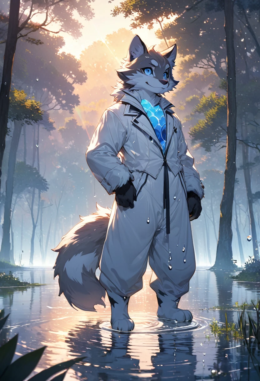 High-quality illustrations by Claude Monet, Impressionism, cover_page, highres, absurdres, detailed background, lake, dawn, detailed forest, clouds, Mysterious and romantic atmosphere, caustics surface(refraction, polarization)perfect anatomy(handsome 1boy, single, kemono, solo focus)volumetric lighting, Wet clothes, Water droplets(furry anthro)(very detailed body fur)full body, soft and delicate color palette, dramatic composition,