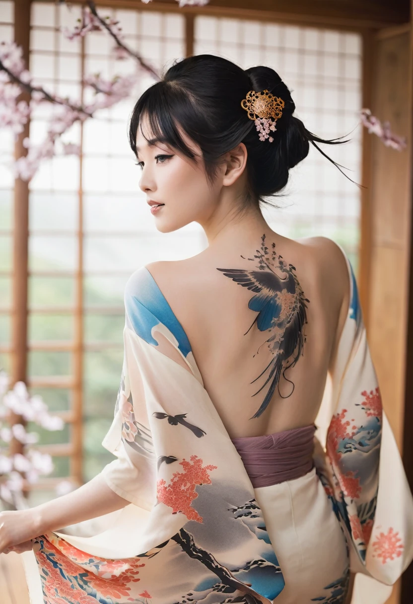 Japanese women with tattoos、kimono、Fluttering back、Tattoo of the heavenly woman