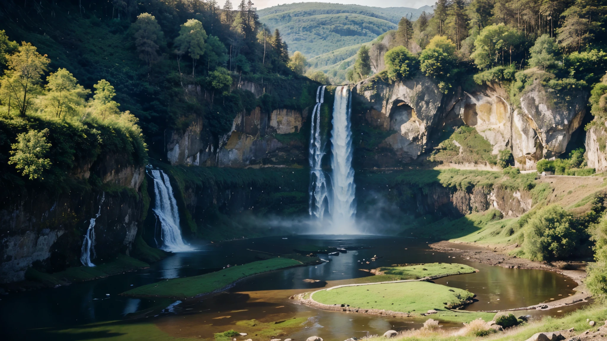 an image for a 70x40 mural of a valley with several beautiful waterfalls, majestic illuminated with soft light of dawn, that transmits peace, View from above,