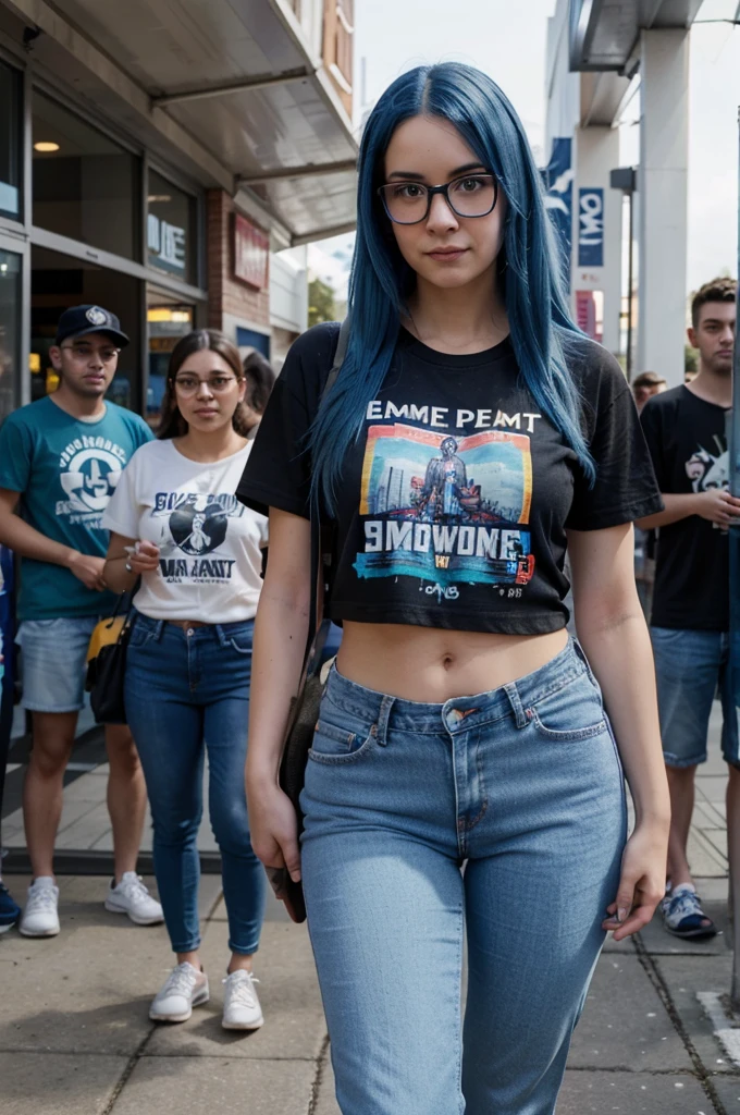 A full-body image of a slim woman with glasses, dyed blue hair, and a sense of anticipation. She is wearing a themed t-shirt and jeans, standing in line at a game release event. She holds a game box, with excited fans and promotional banners in the background.
