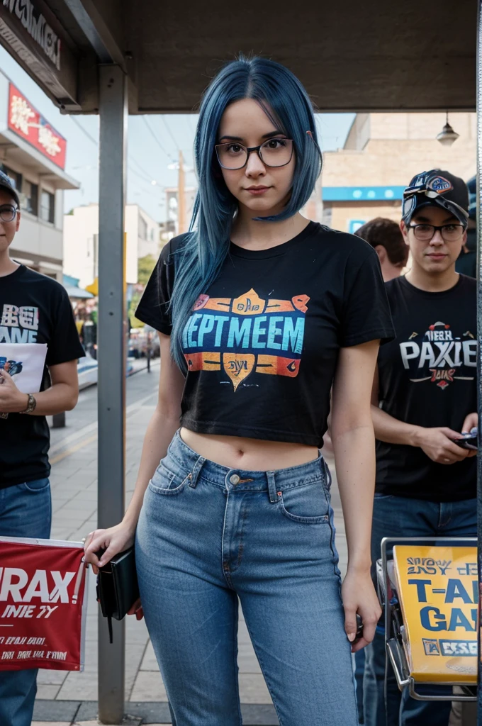 A full-body image of a slim woman with glasses, dyed blue hair, and a sense of anticipation. She is wearing a themed t-shirt and jeans, standing in line at a game release event. She holds a game box, with excited fans and promotional banners in the background.